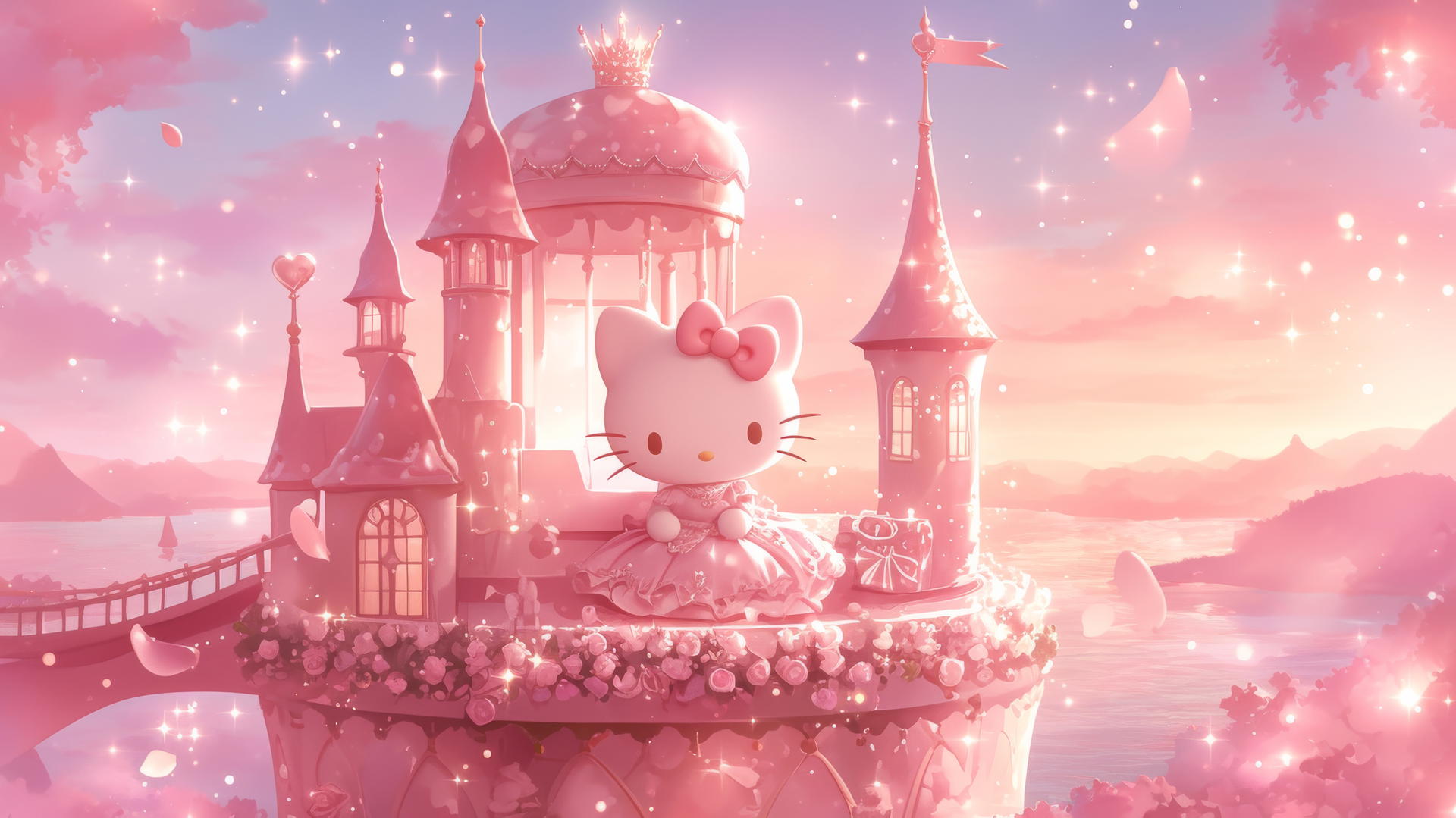 pink Hello Kitty wallpaper with Hello Kitty as a princess in a pink gown and tiara, pink castle, sparkles, magical pink sky