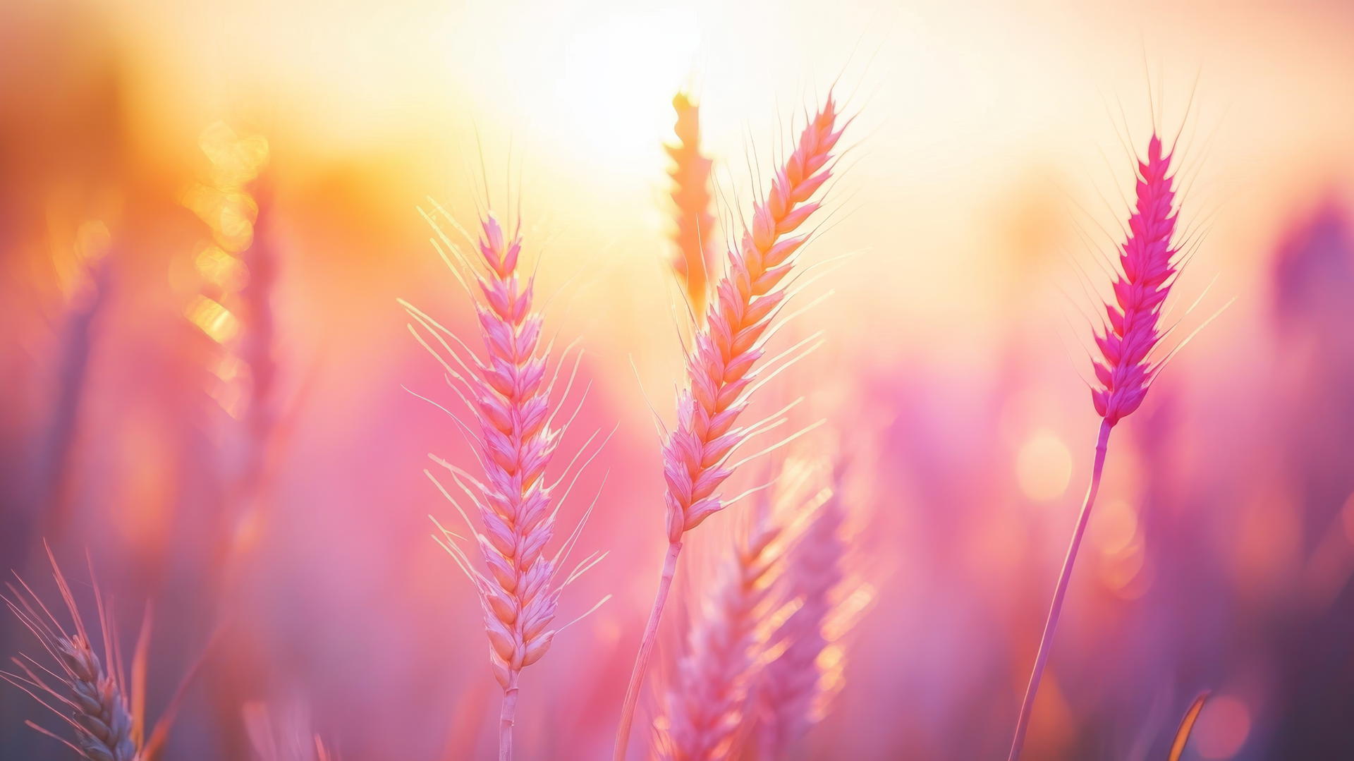dreamy nature aesthetic wallpaper of a golden wheat field under a pastel-colored sunset