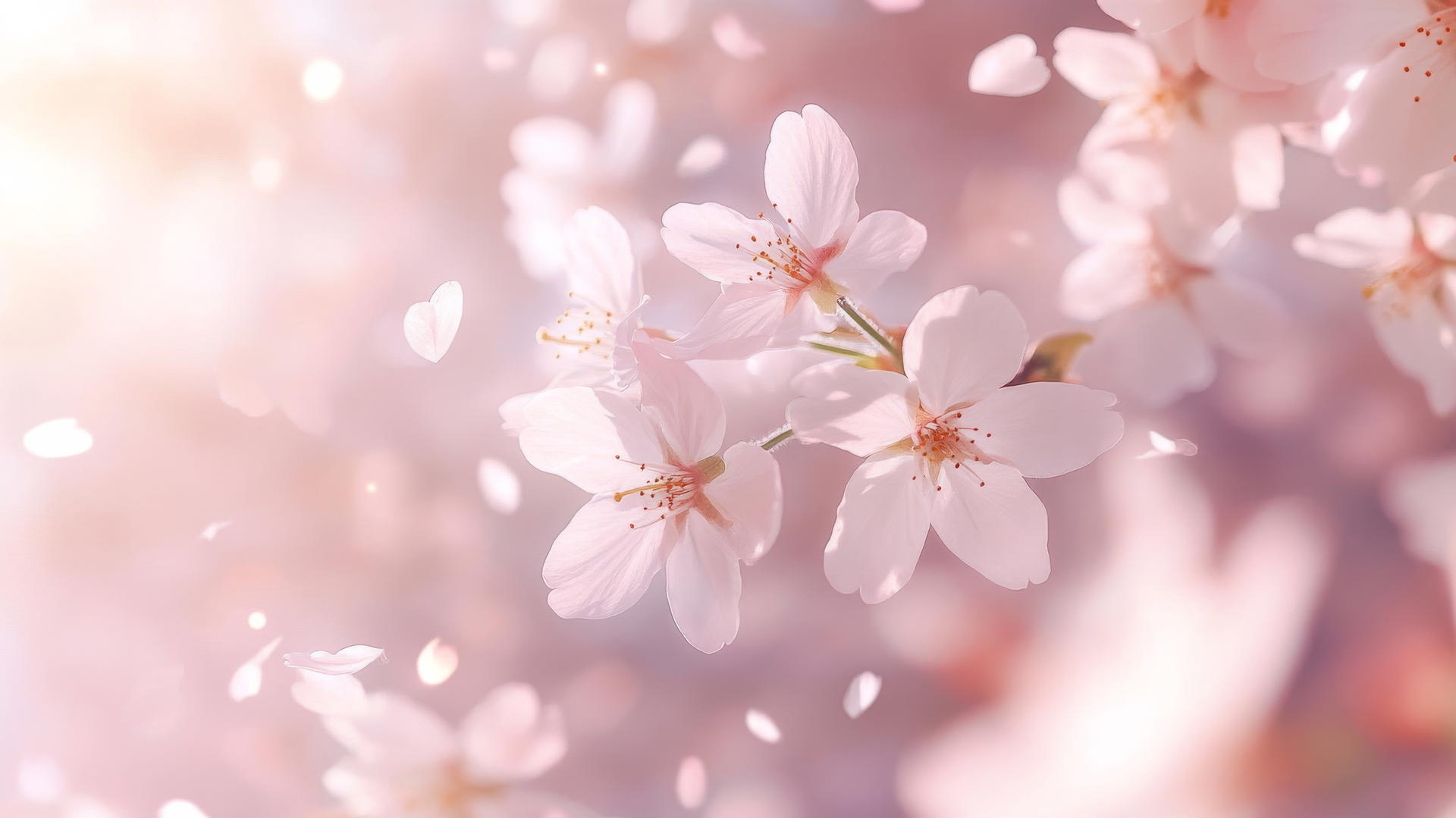 nature aesthetic wallpaper with cherry blossoms in full bloom, petals falling softly