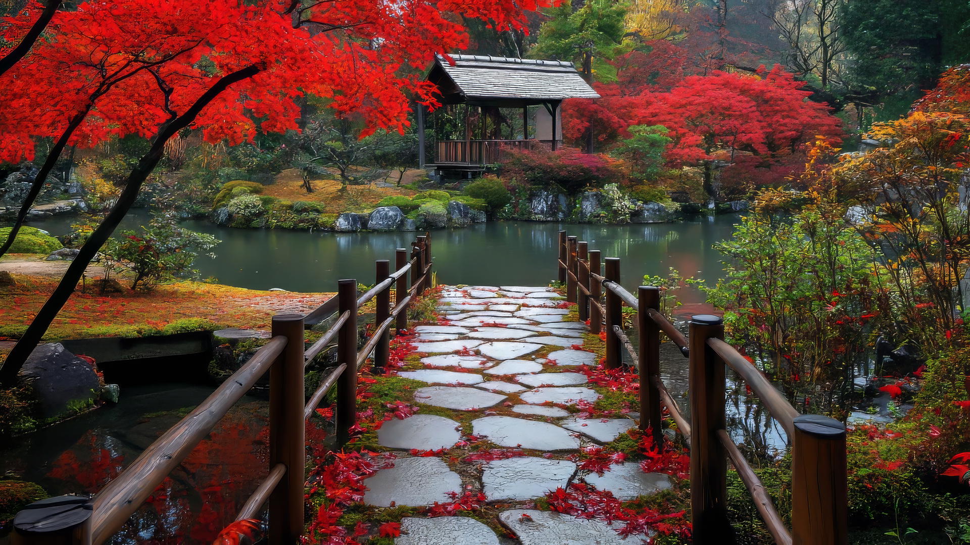 Nature aesthetic wallpaper of Japanese garden with red maple leaves and a wooden bridge.