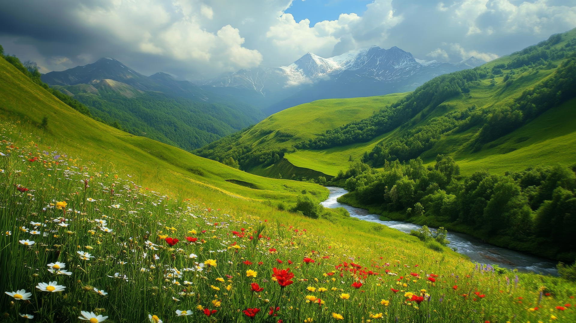 Beautiful nature wallpaper 4K with a lush green valley, wildflowers, river, and mountains.