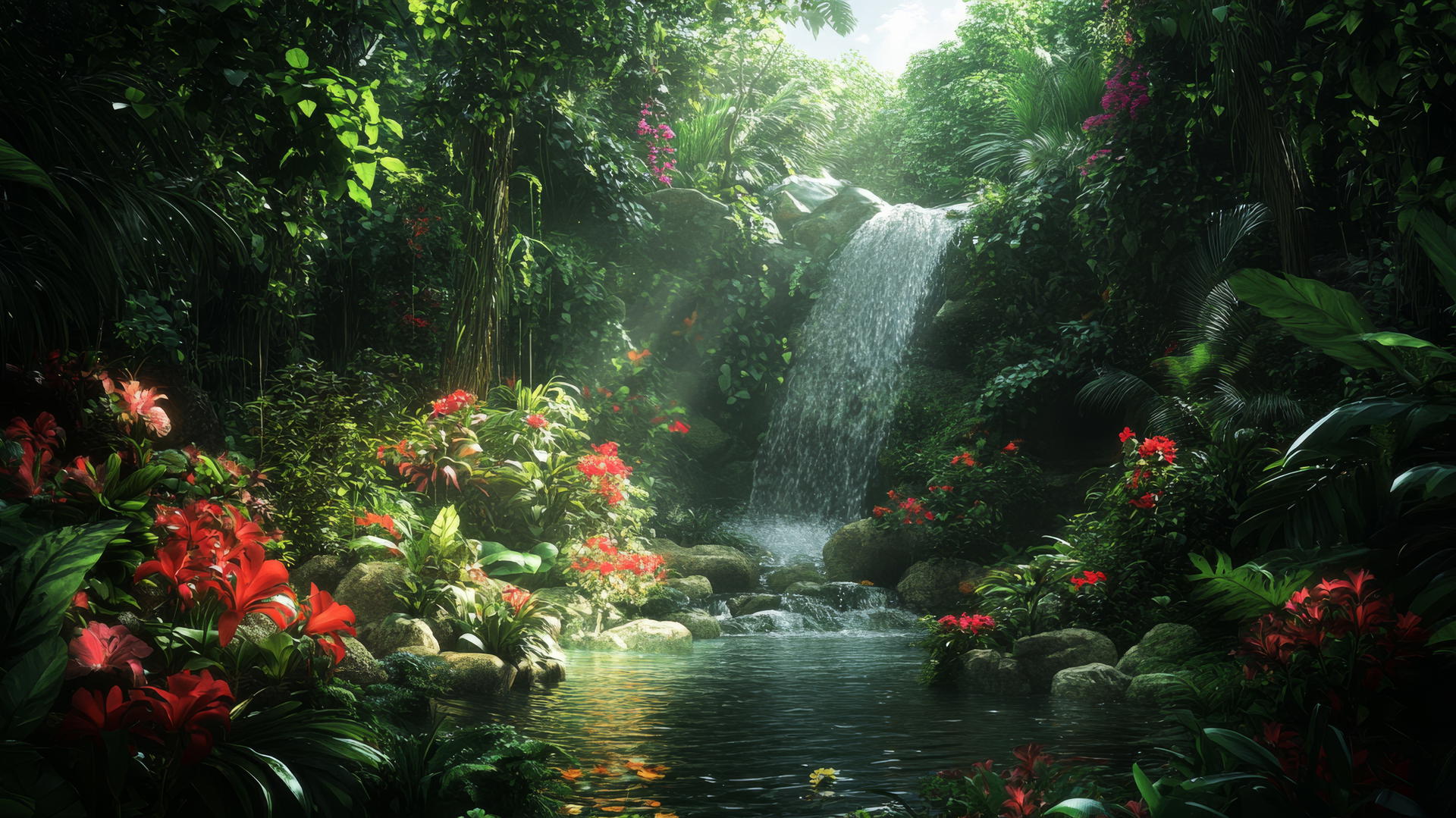 lush jungle scene with dense foliage, vibrant flowers, and flowing stream, nature wallpaper