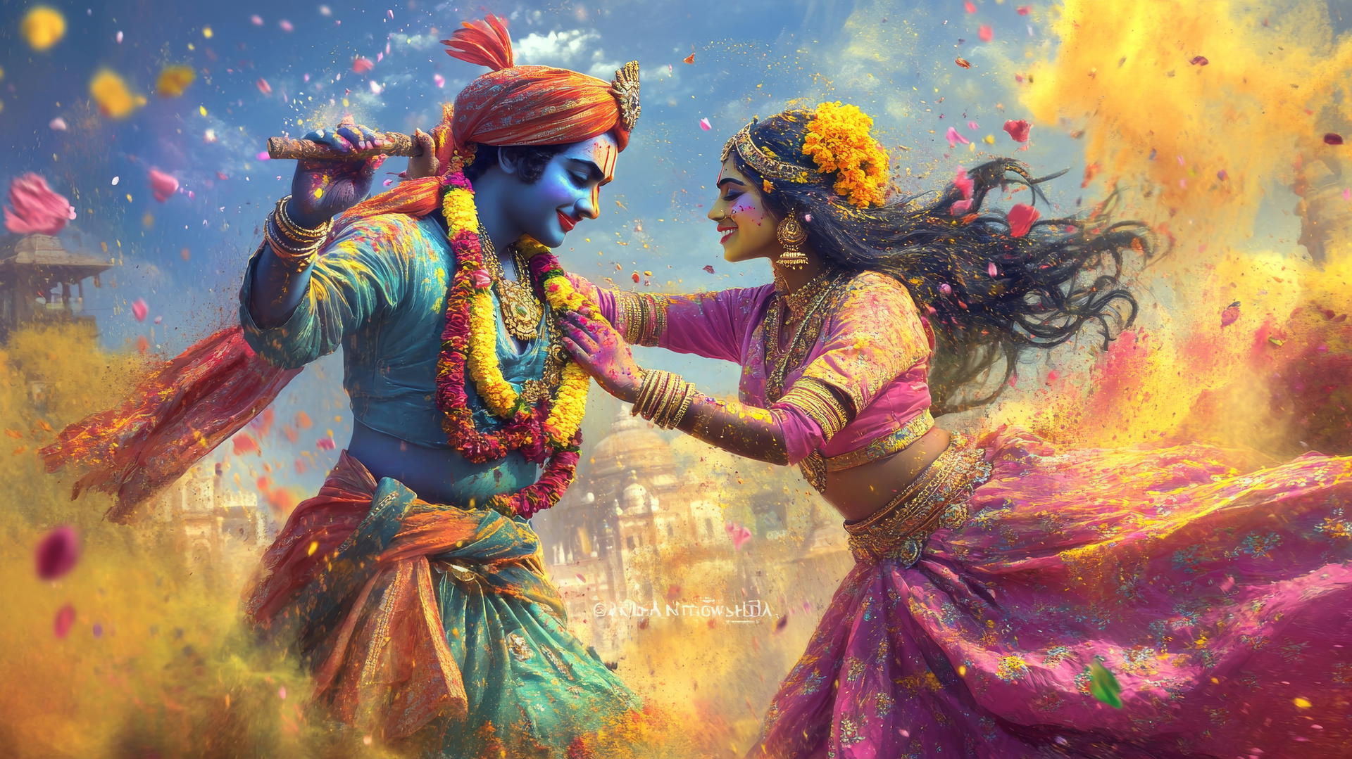 Radha Krishna HD wallpaper of playing Holi with vibrant colors