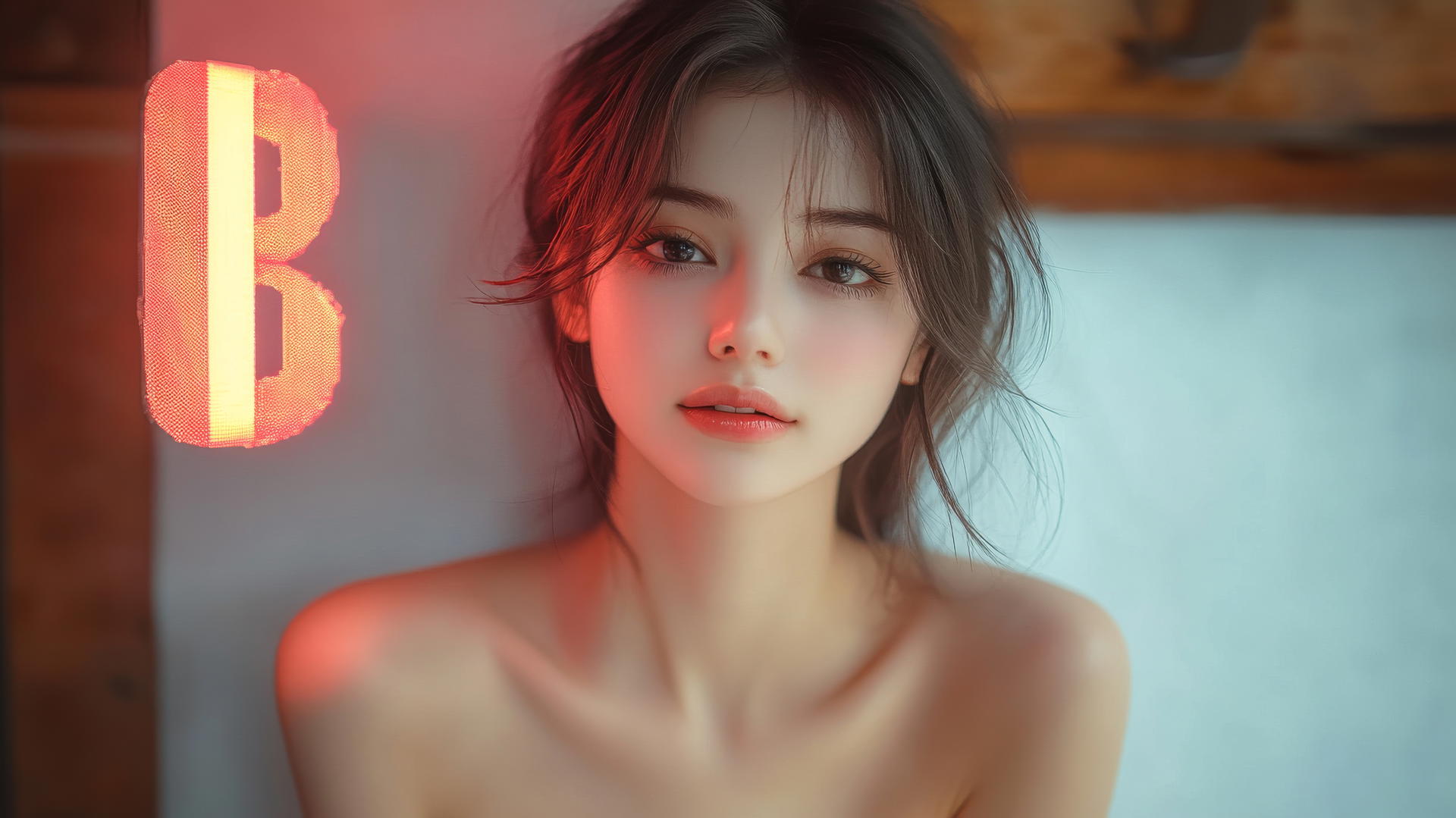 Asian girl kneeling and looking down, smiling, smooth pink skin, black socks