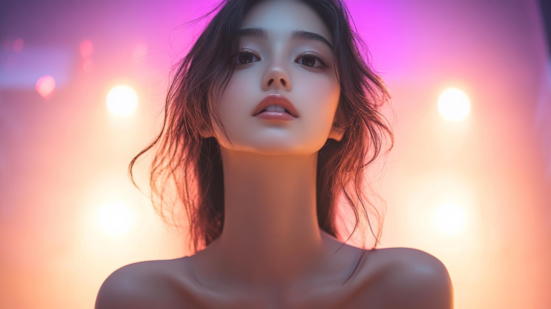 Asian girl kneeling, viewed from below, with smooth pink skin and black socks.