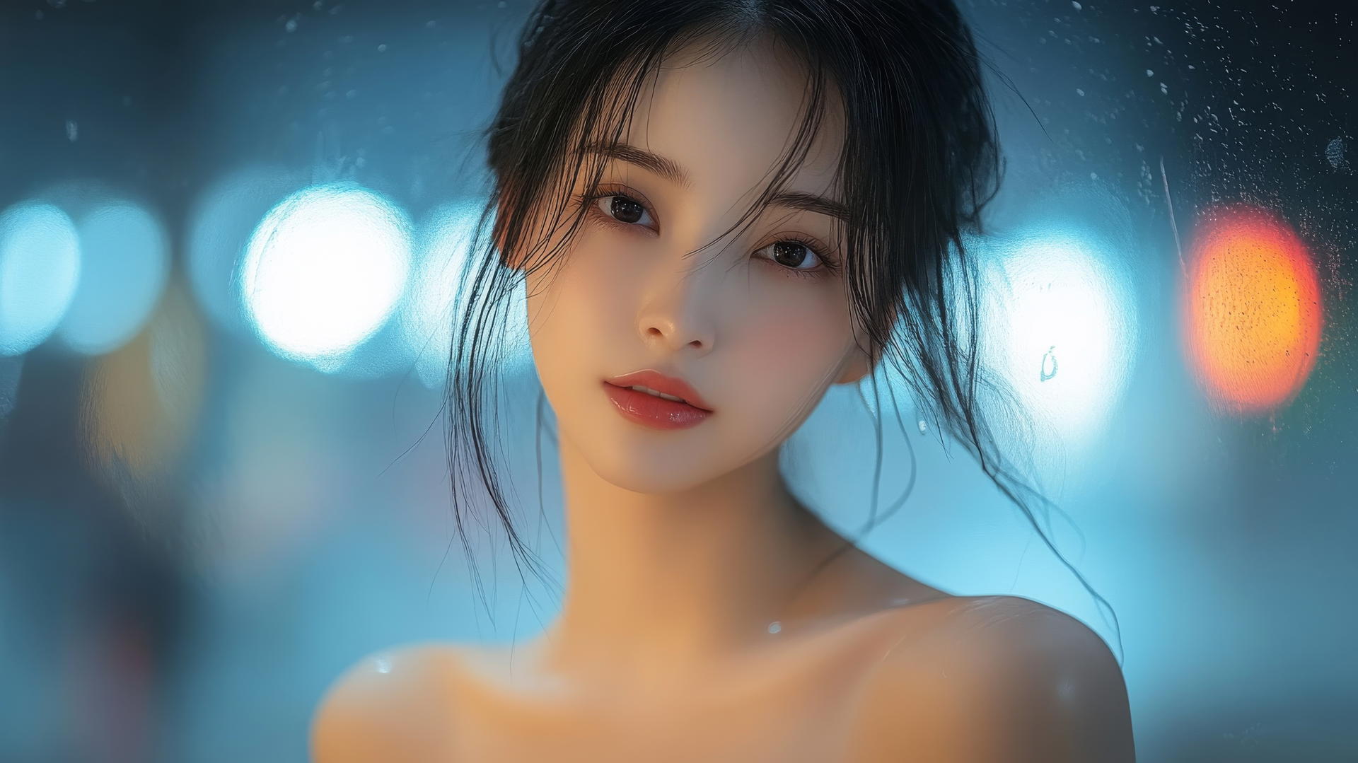 Asian girl kneeling, looking down, smiling, dark theme, pink skin, black socks