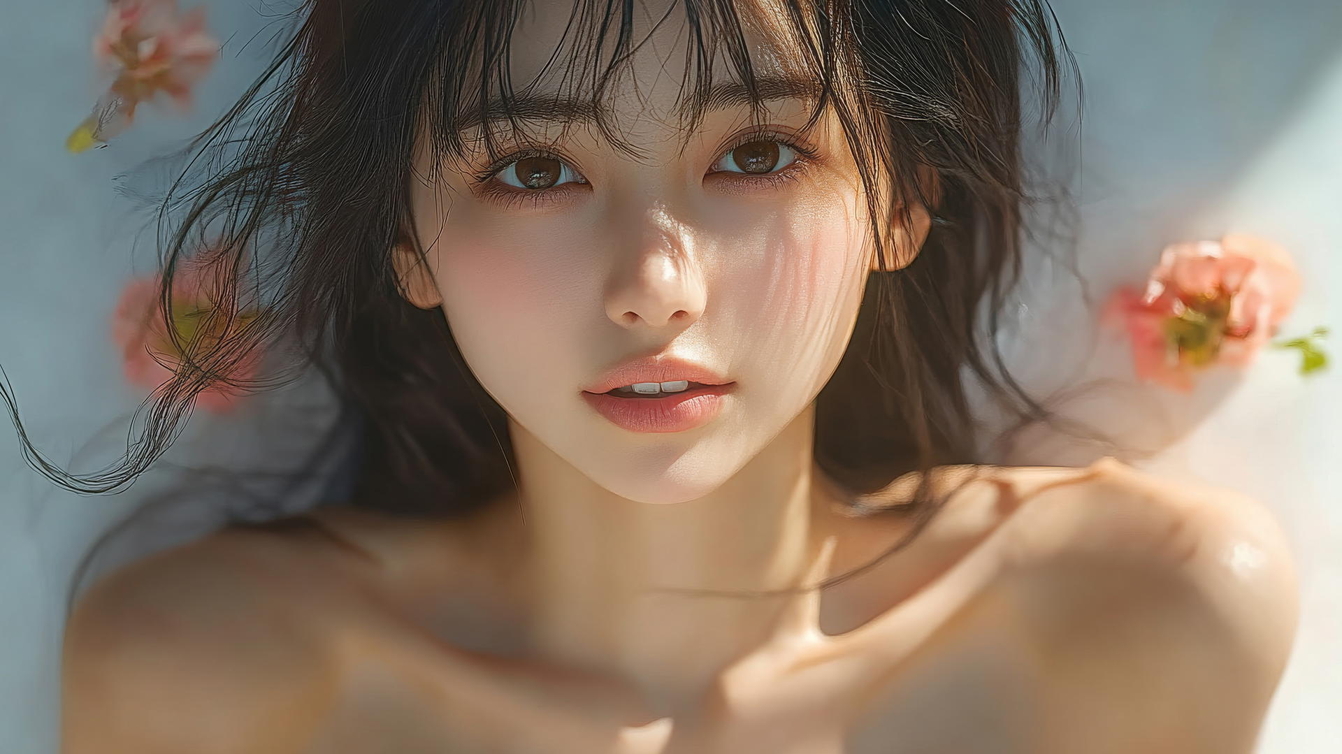 Asian girl kneeling and looking down with smooth pink skin and waist focus light