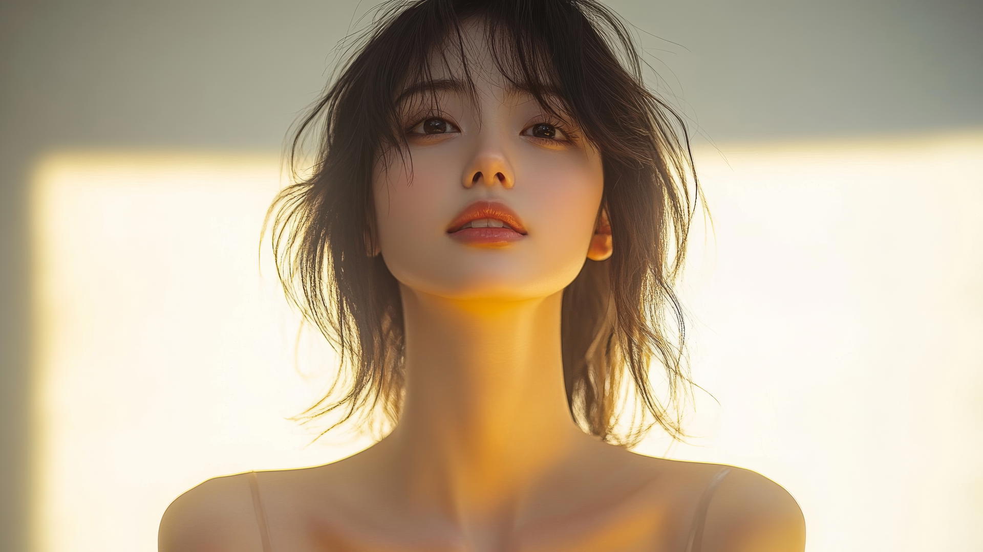 Asian girl kneeling, looking down, smiling, smooth pink skin, waist focus light