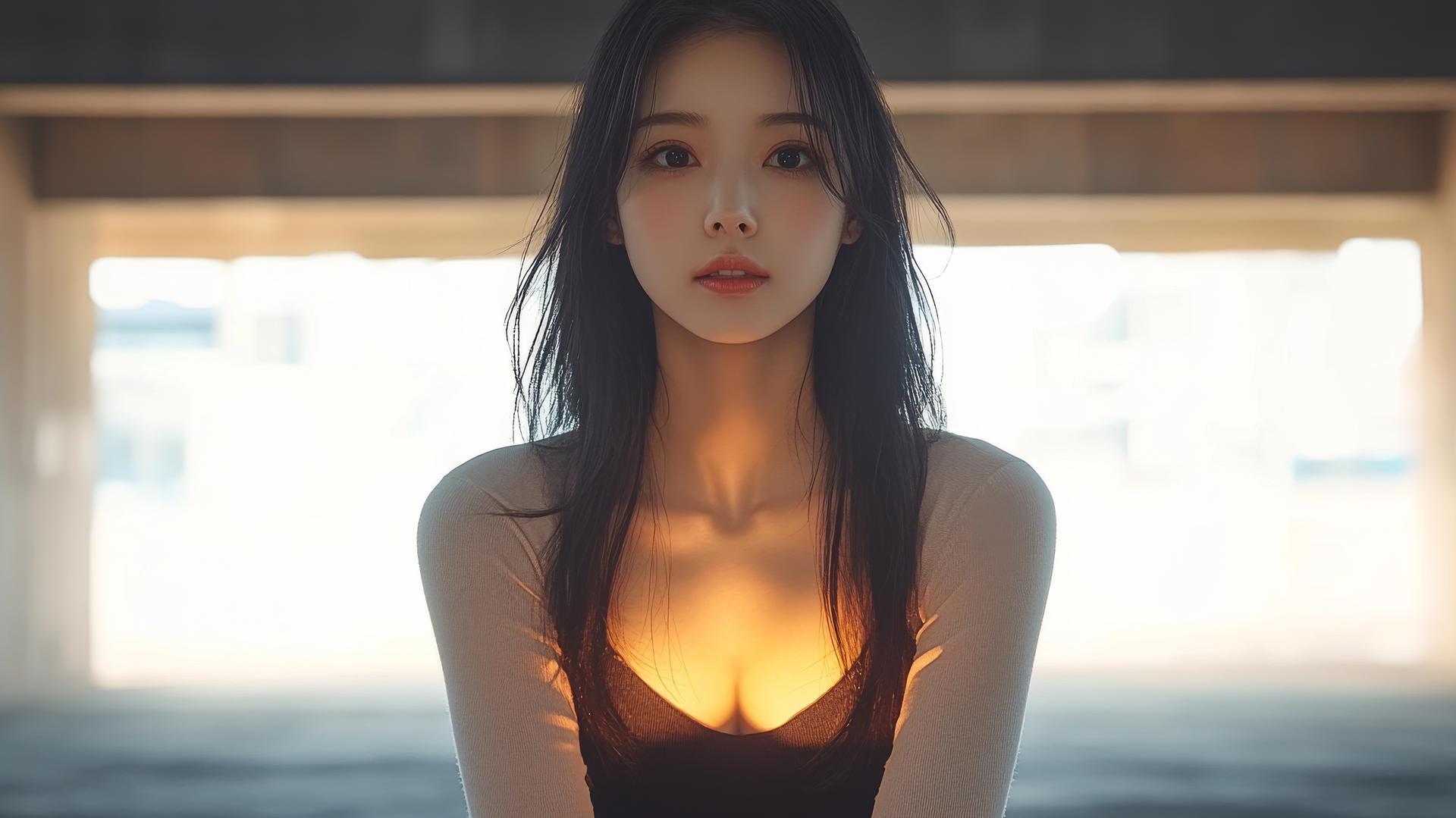Isolated shot of a serene Asian girl with smooth pink skin, seen from below, smiling.