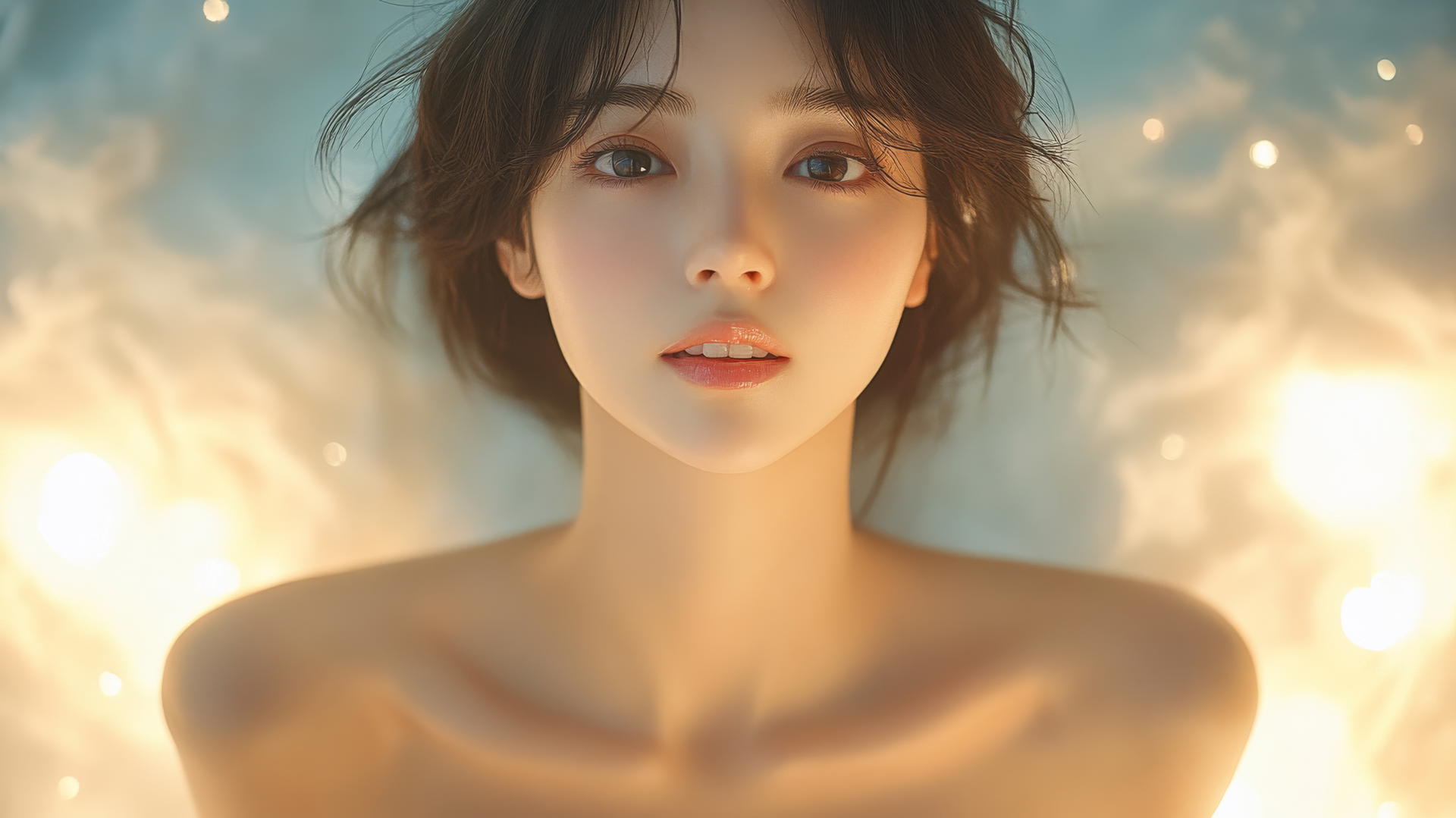 Asian girl kneeling, looking down, with a smile, seen from below, waist-focused light