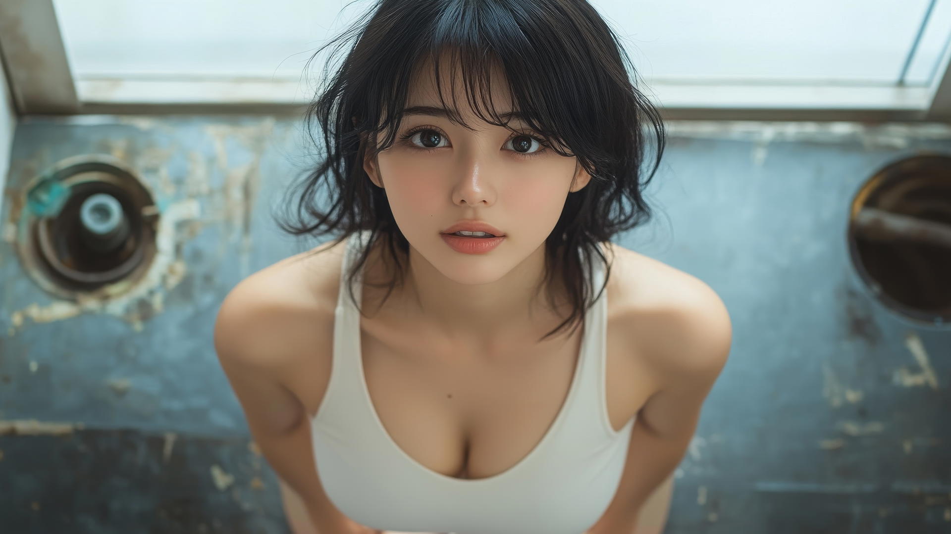 Asian girl in white office shirt, kneeling and smiling, seen from below