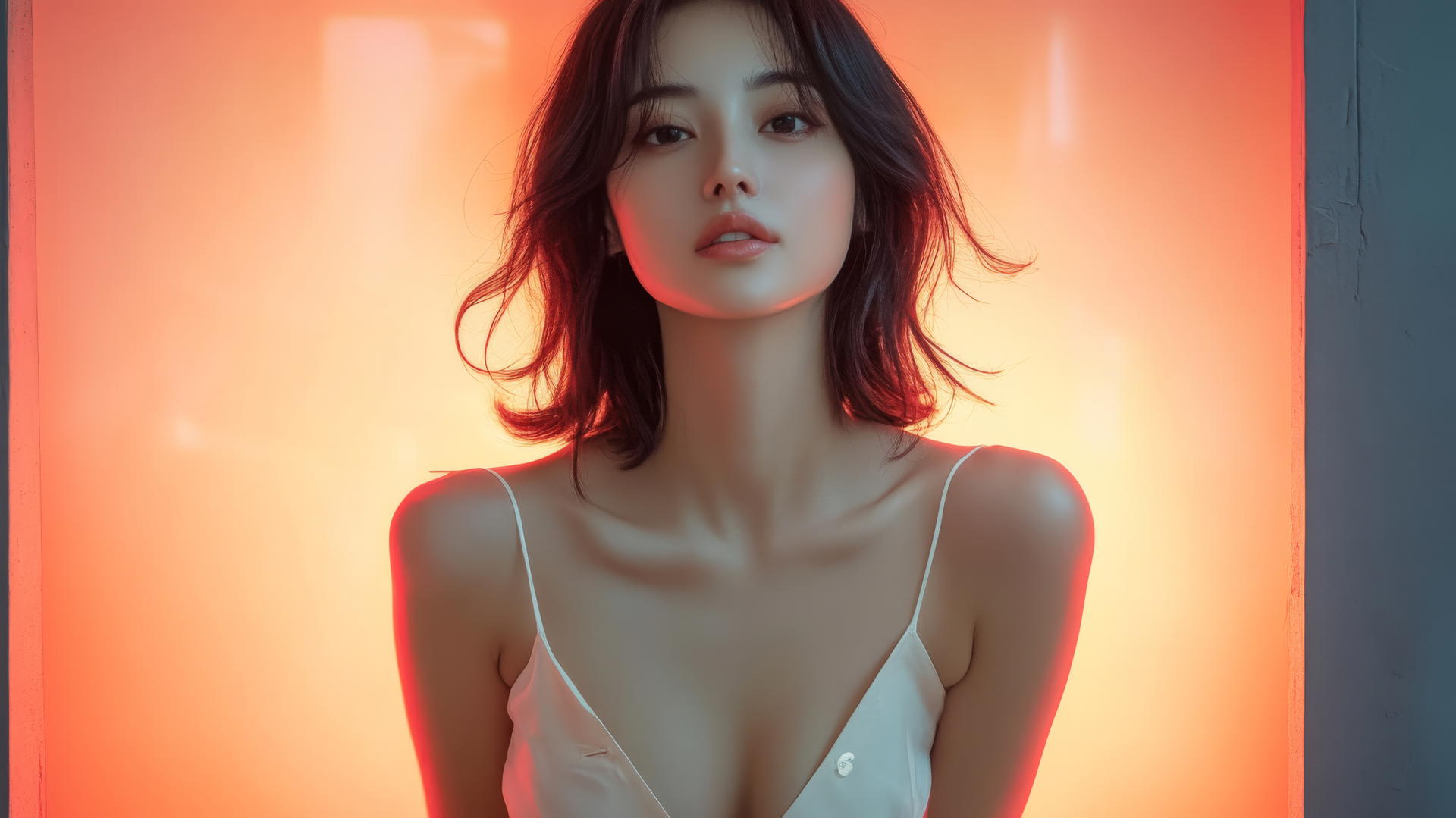 Asian girl in white office shirt kneeling, smiling, seen from below.