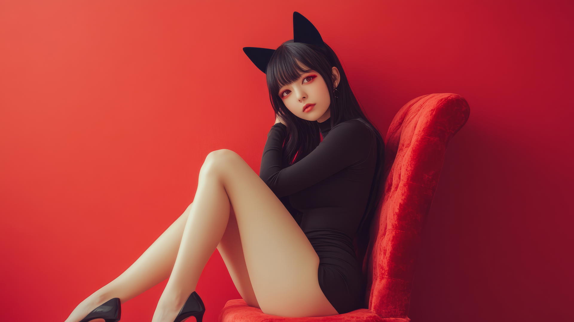 Asian girl with cat ears, sitting cross-legged in high heels, side view.
