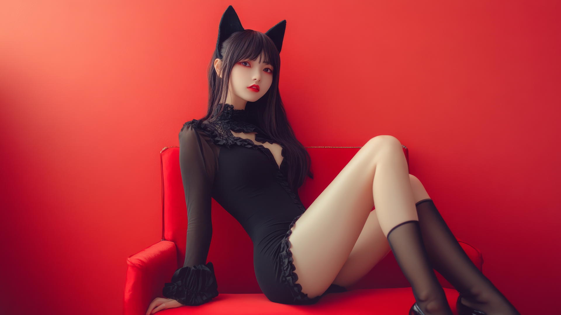 Asian girl with cat ears, detailed side view in high heels and long-sleeved outfit.