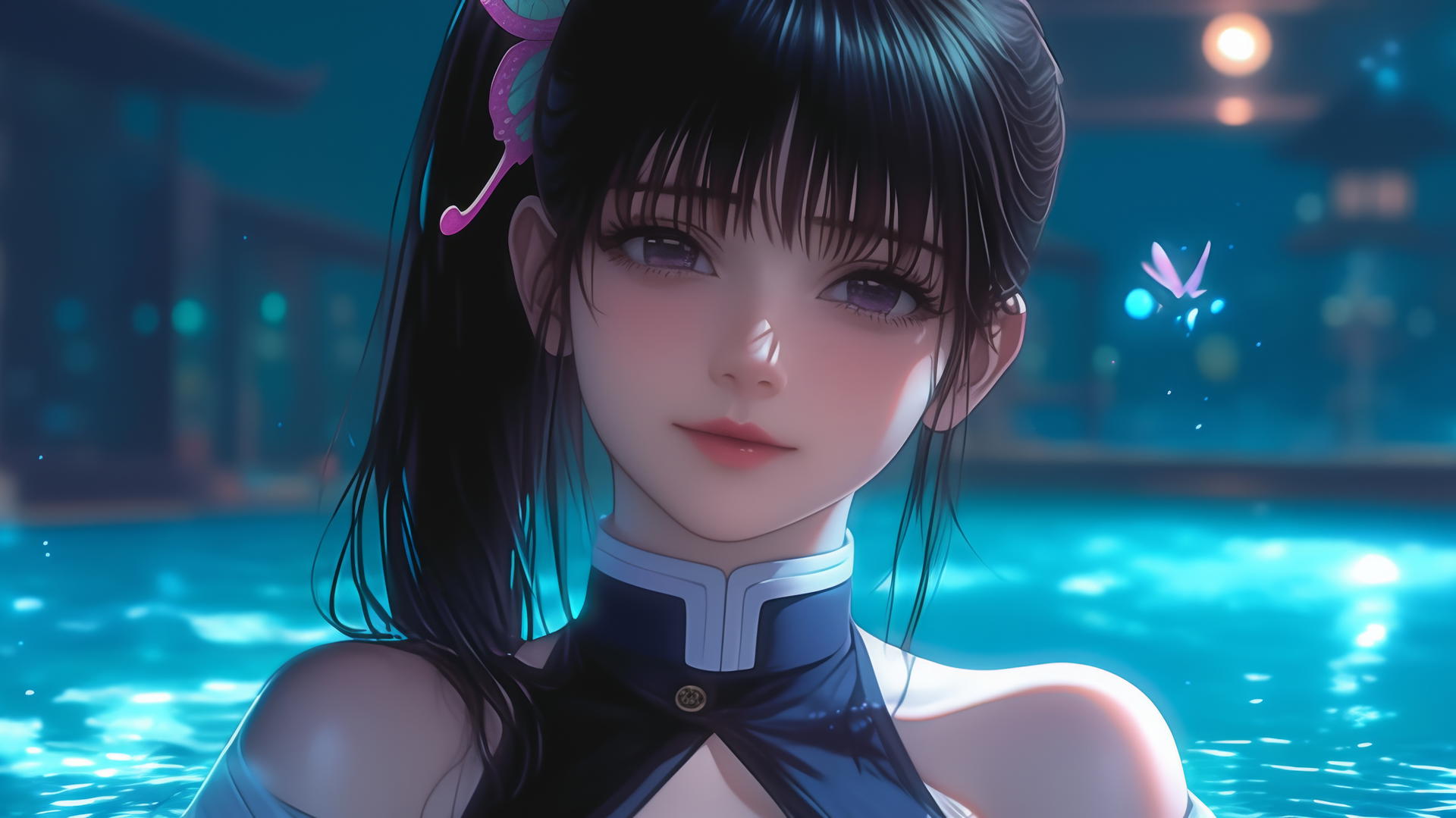 Kanao Tsuyuri from Demon Slayer resting at a swimming pool under moonlight.