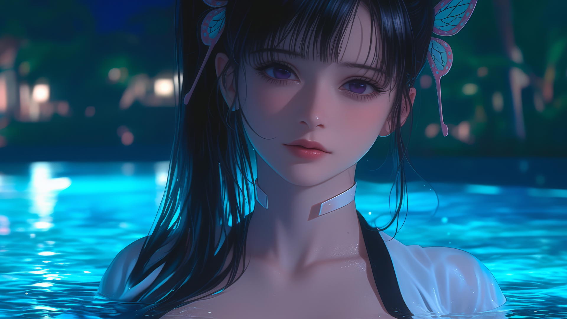 Kanao Tsuyuri resting by a moonlit pool with butterfly ornament