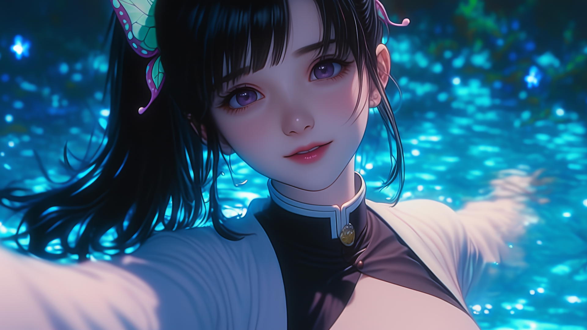 Kanao Tsuyuri from Demon Slayer jumps out of a pool under moonlight, her dark lilac eyes gentle.