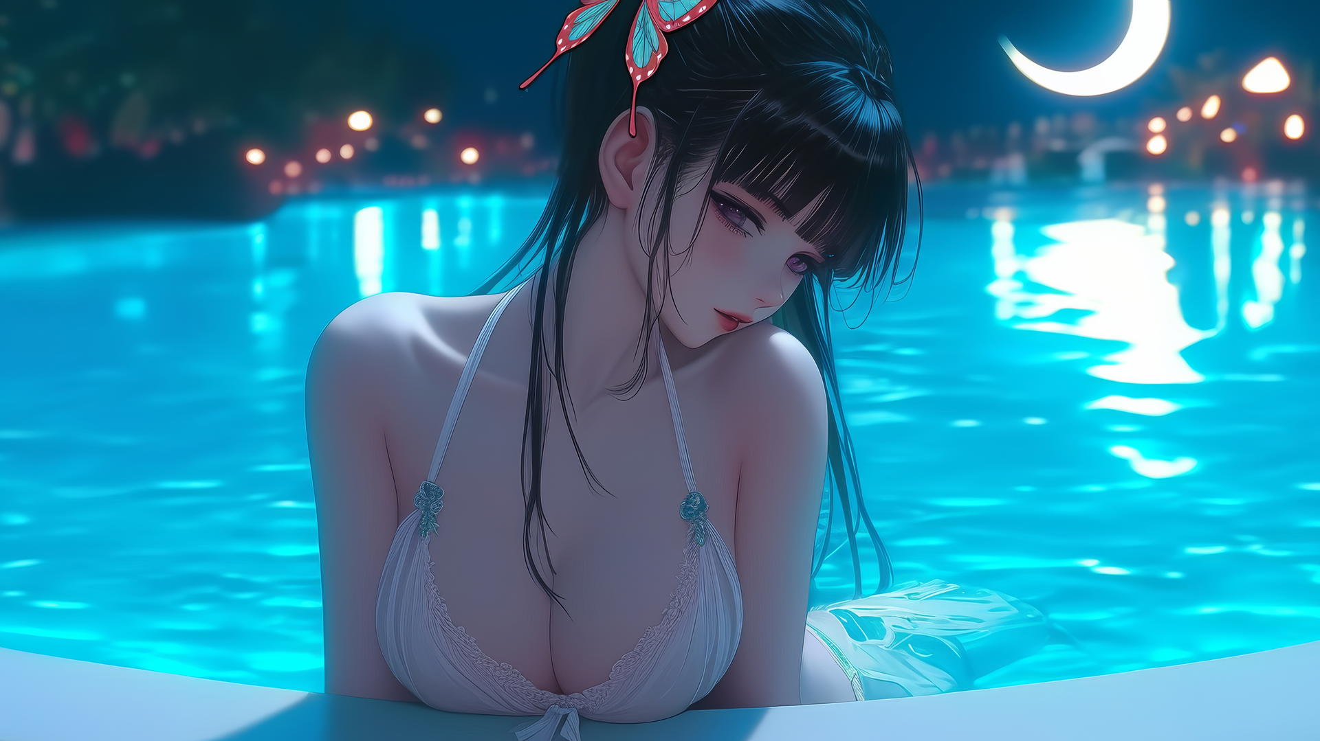 Kanao Tsuyuri from Demon Slayer resting by a swimming pool under moonlight