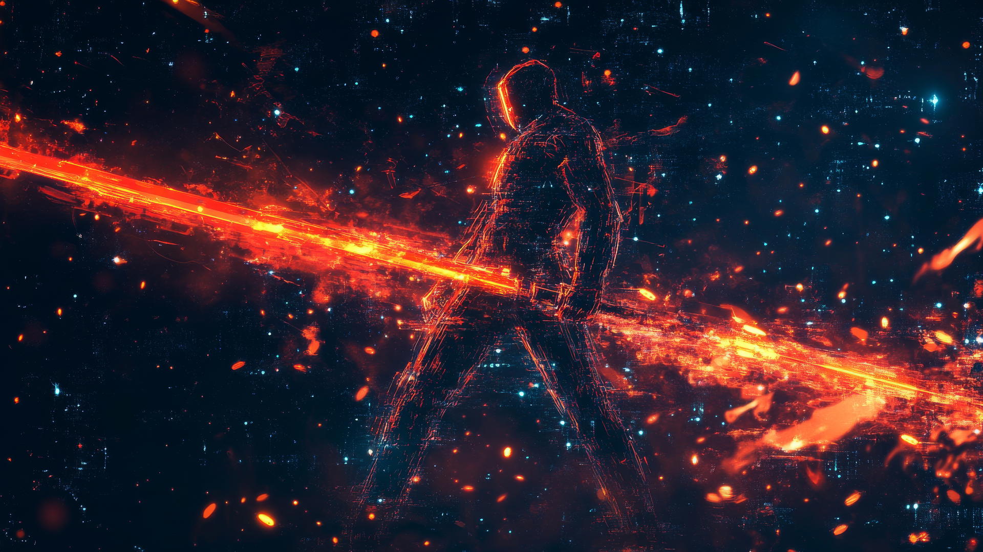 cyber y2k wallpaper red with a digital warrior wielding a neon red sword