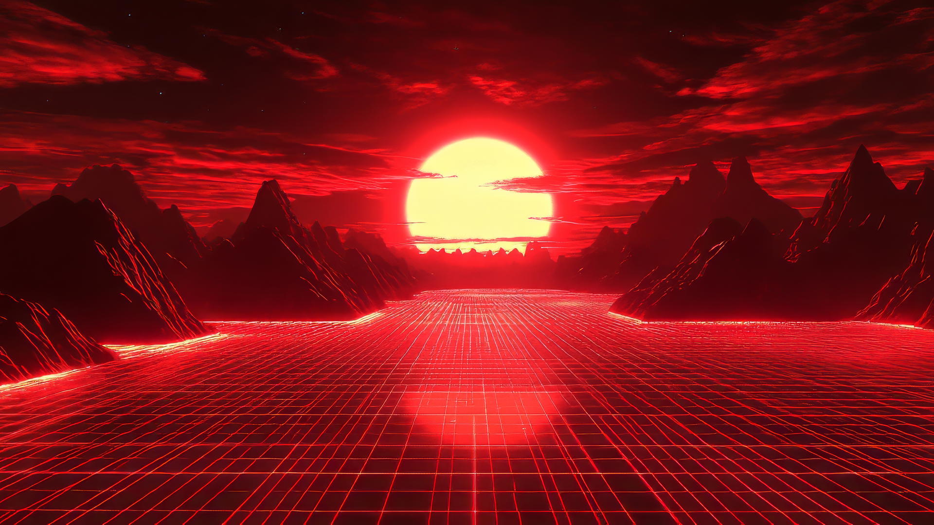 cyber y2k wallpaper red showing a neon red digital landscape with holographic mountains and setting sun