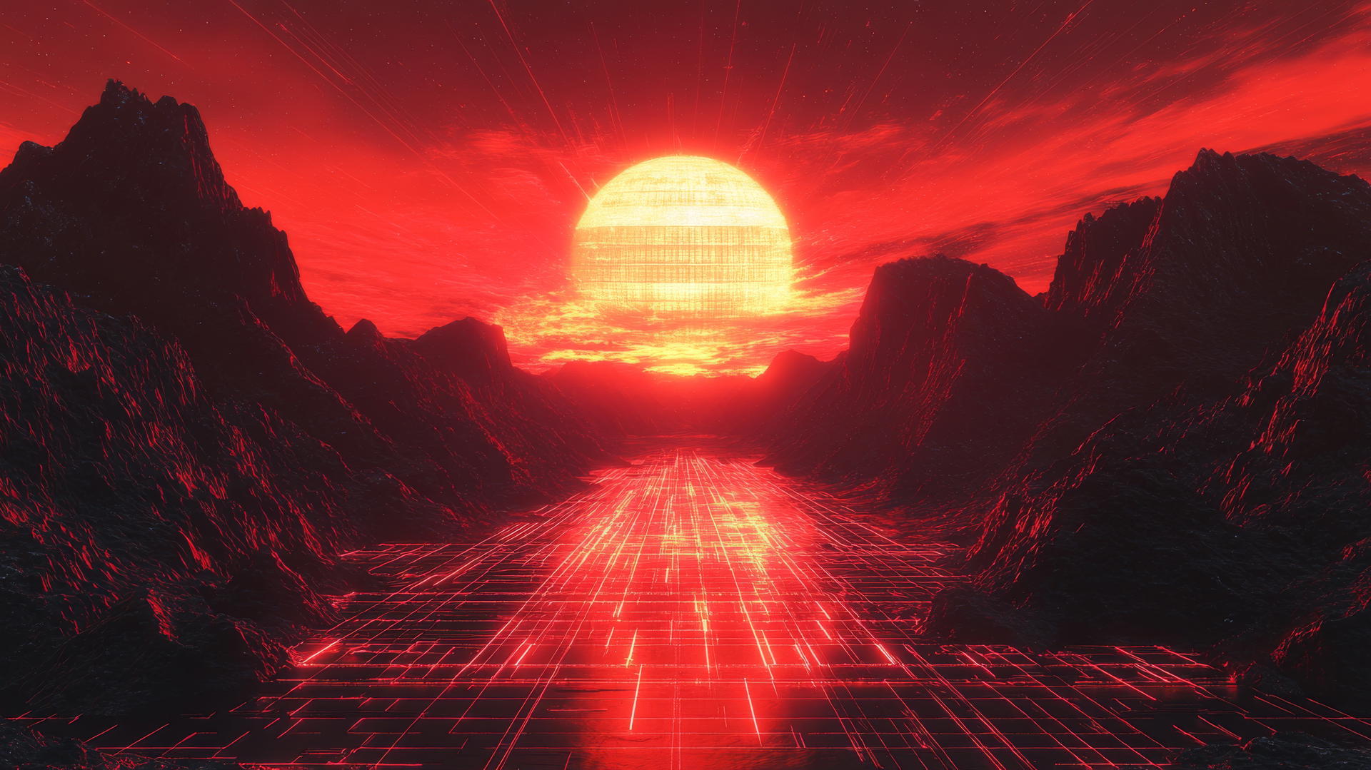 cyber Y2K wallpaper red digital landscape with glowing grid and neon holographic mountains