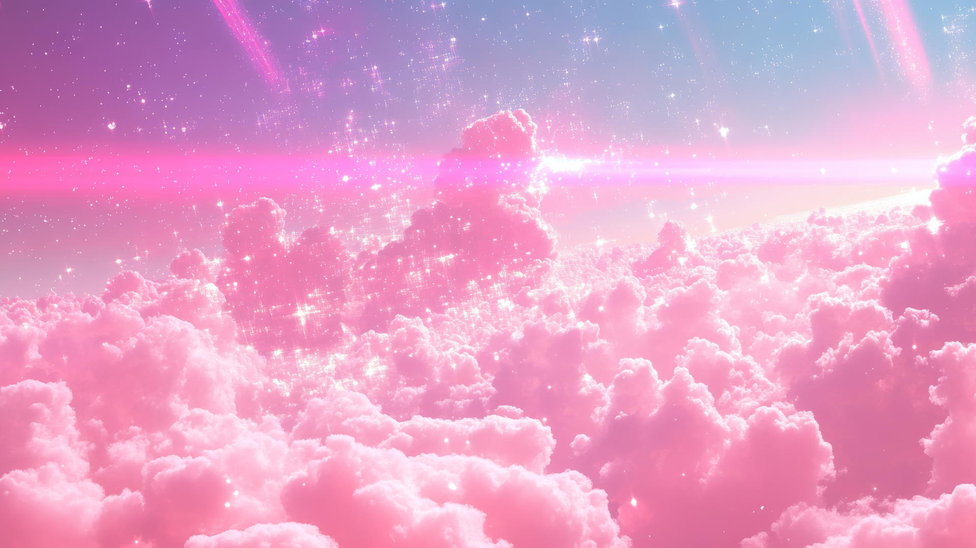 pink Y2K wallpaper with neon pink clouds, pixelated stars, and holographic rainbows