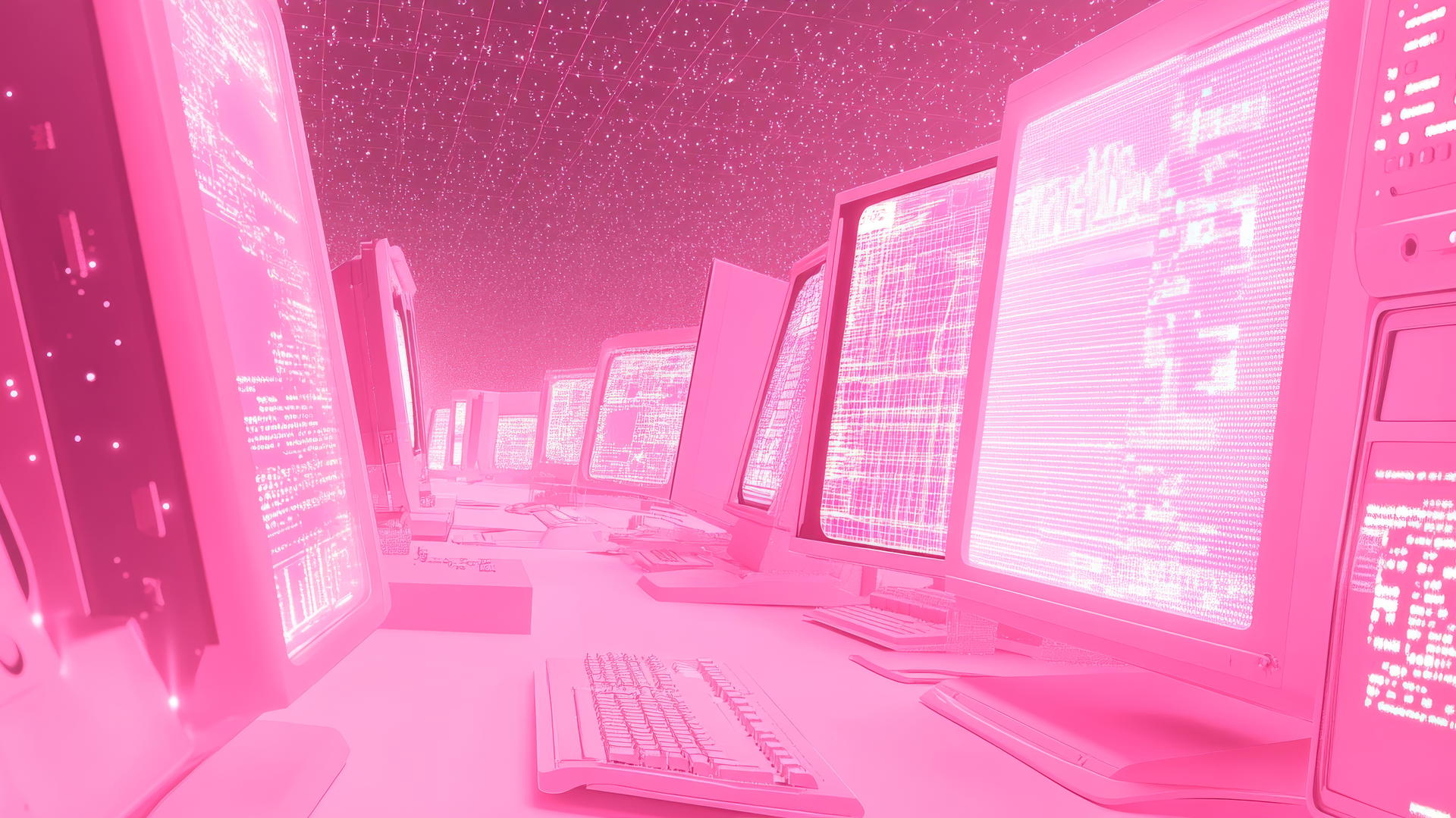 Pink Y2K wallpaper featuring neon pink retro icons, pixelated screens, and holographic effects
