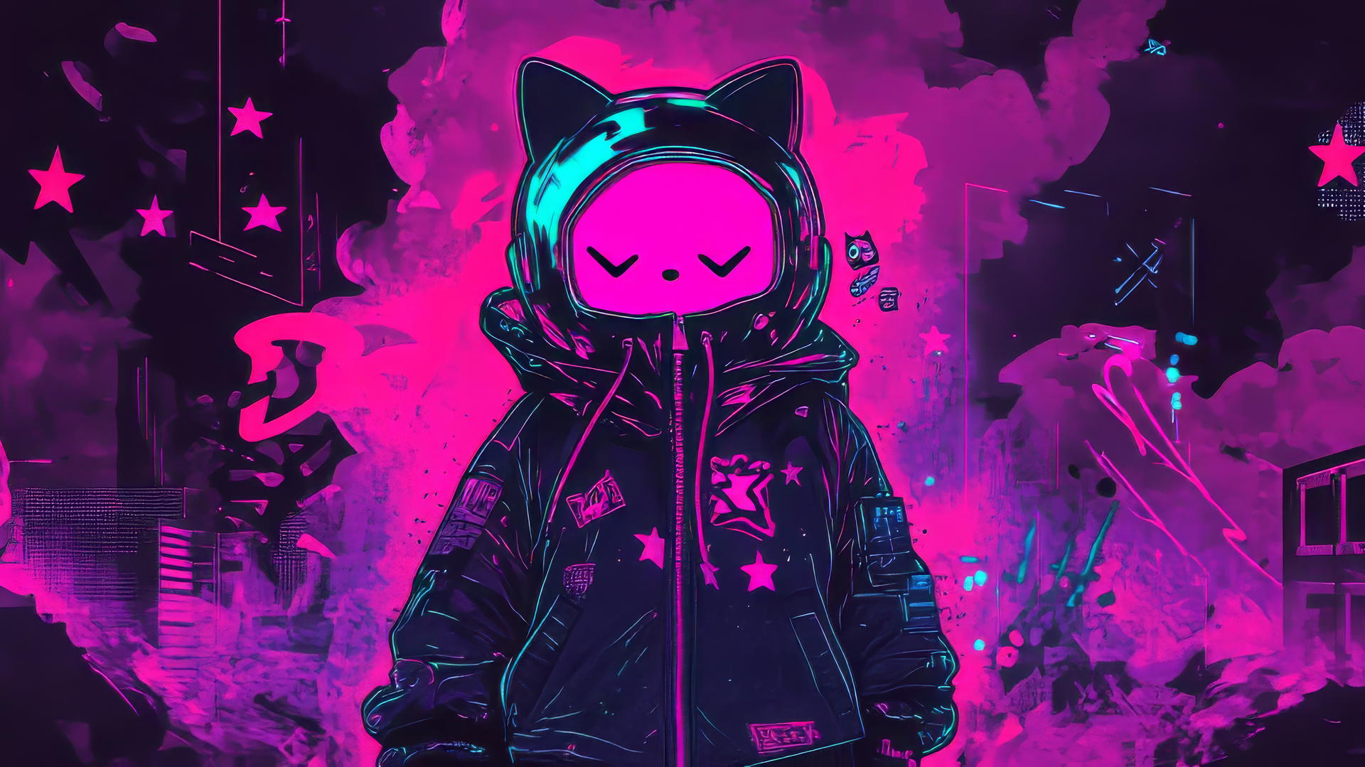 Y2K Hello Kitty wallpaper aesthetic with holographic jacket, neon graffiti, pixelated stars, and digital glitch effects