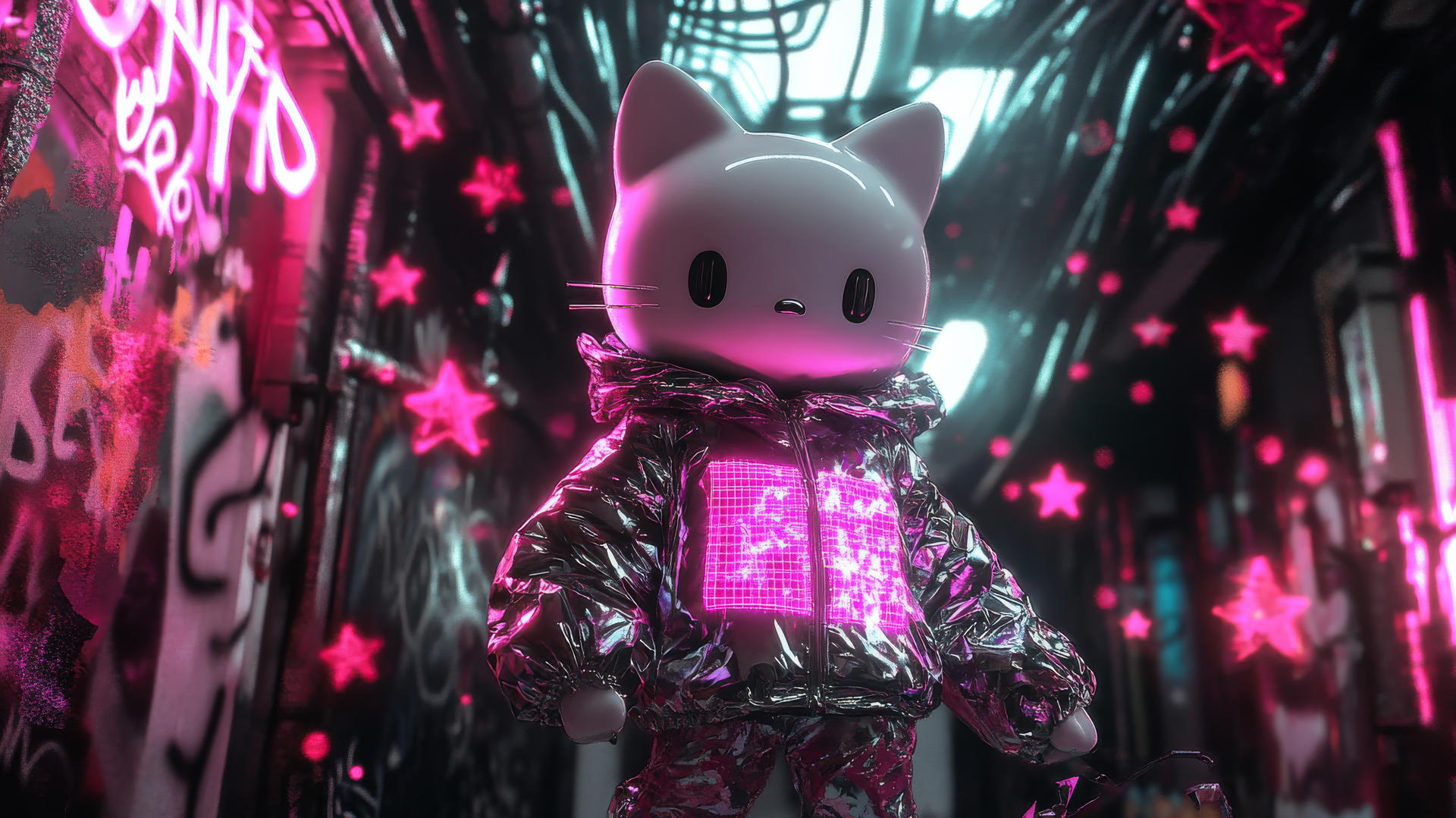 Y2K Hello Kitty wallpaper aesthetic with holo jacket, neon graffiti, stars, and glitch effects.