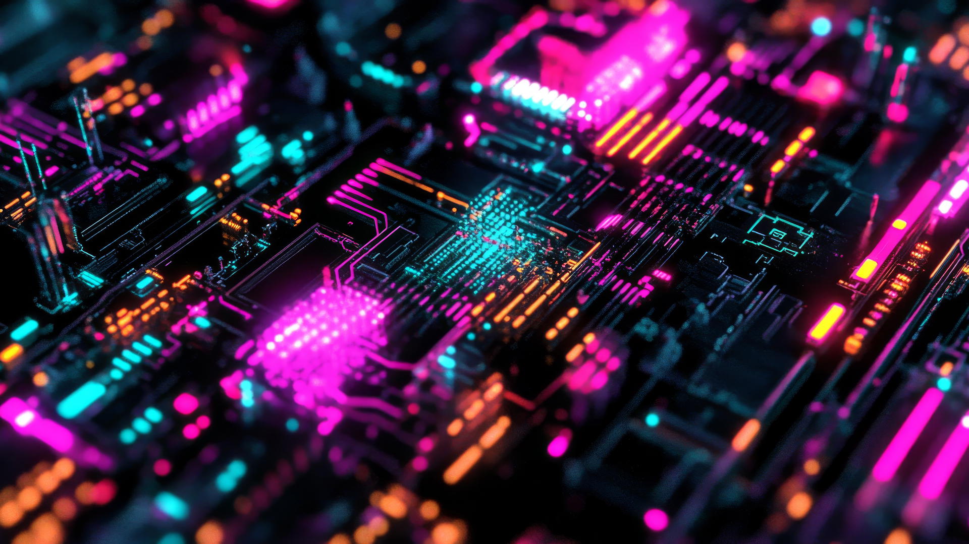 cyber y2k wallpaper black with neon circuits, pixelated glitches, glowing binary code