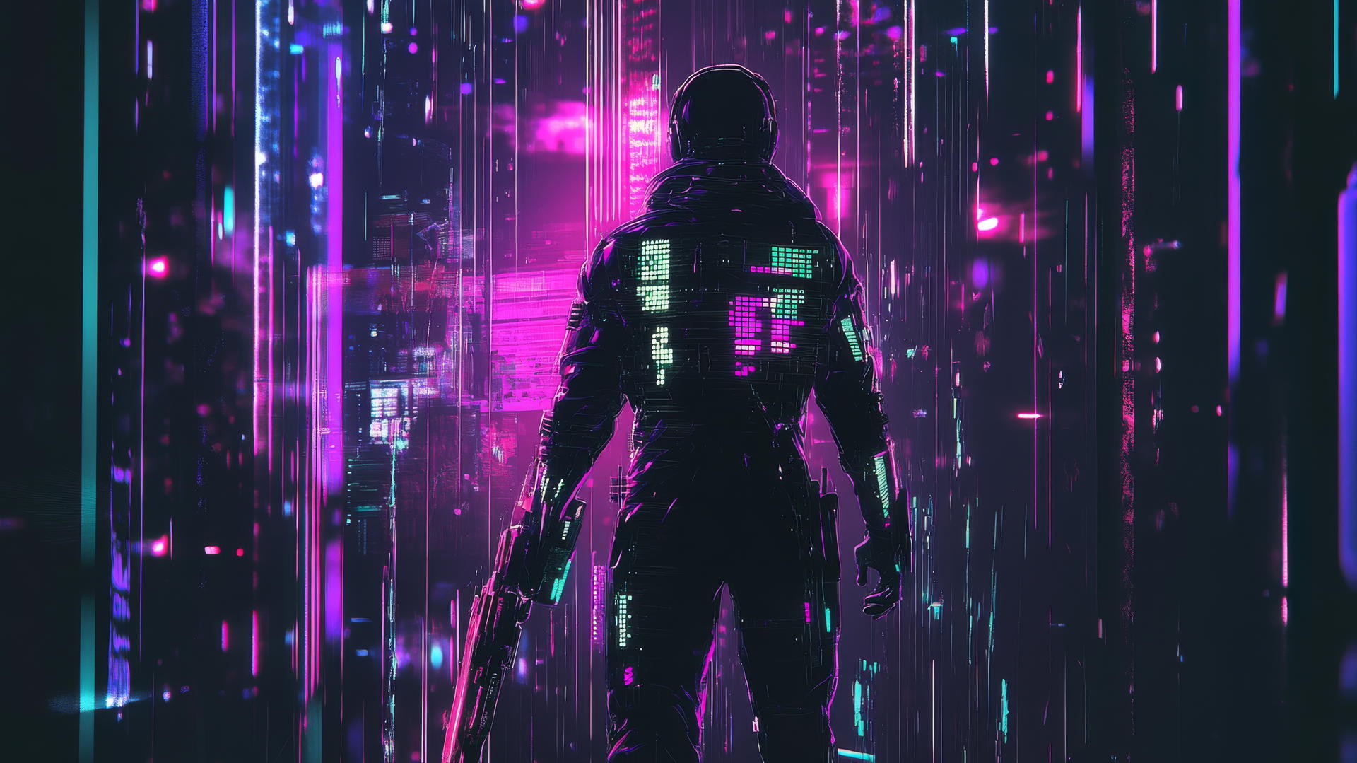 cyber y2k wallpaper black with digital warrior silhouette and neon armor