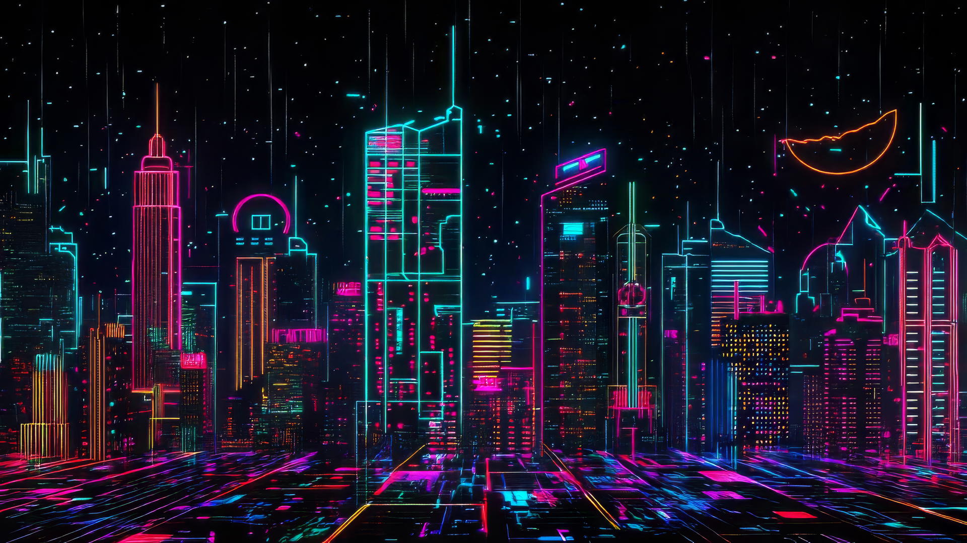 Cyber Y2K wallpaper black with virtual neon cityscape, pixelated rain, and holographic signs.