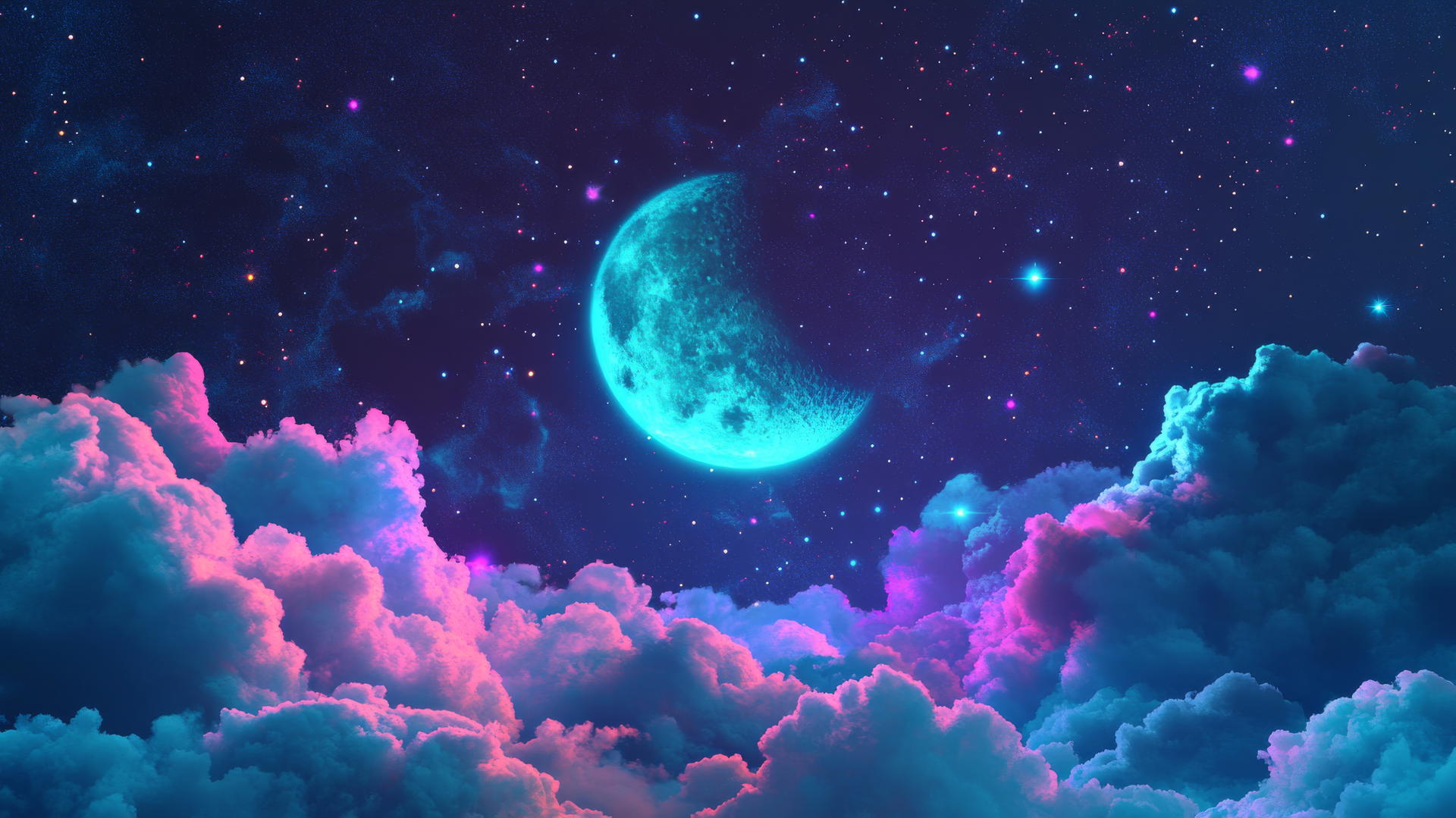 A Y2K-inspired star wallpaper with neon star constellations, pixelated clouds, and a digital moon.
