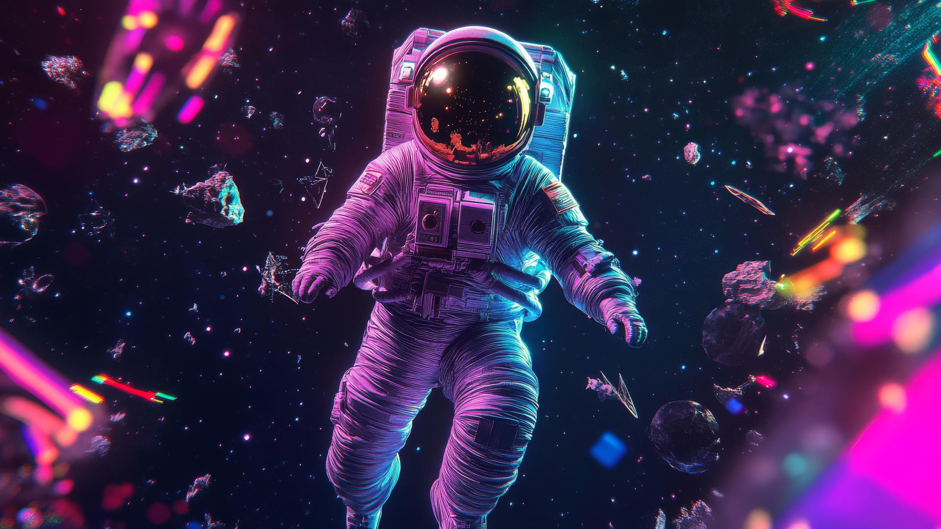 Y2K star wallpaper with a floating digital astronaut, neon stars, pixelated debris, and glowing halos against a black cosmic background.