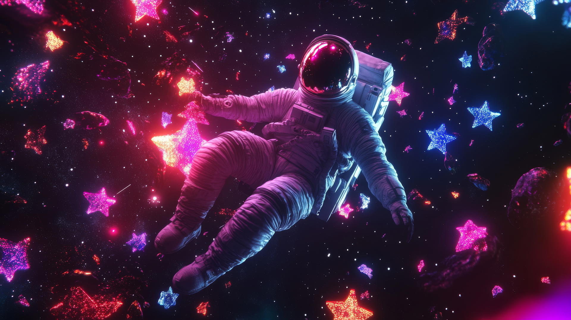 Y2K star wallpaper with floating digital astronaut, neon stars, pixelated debris