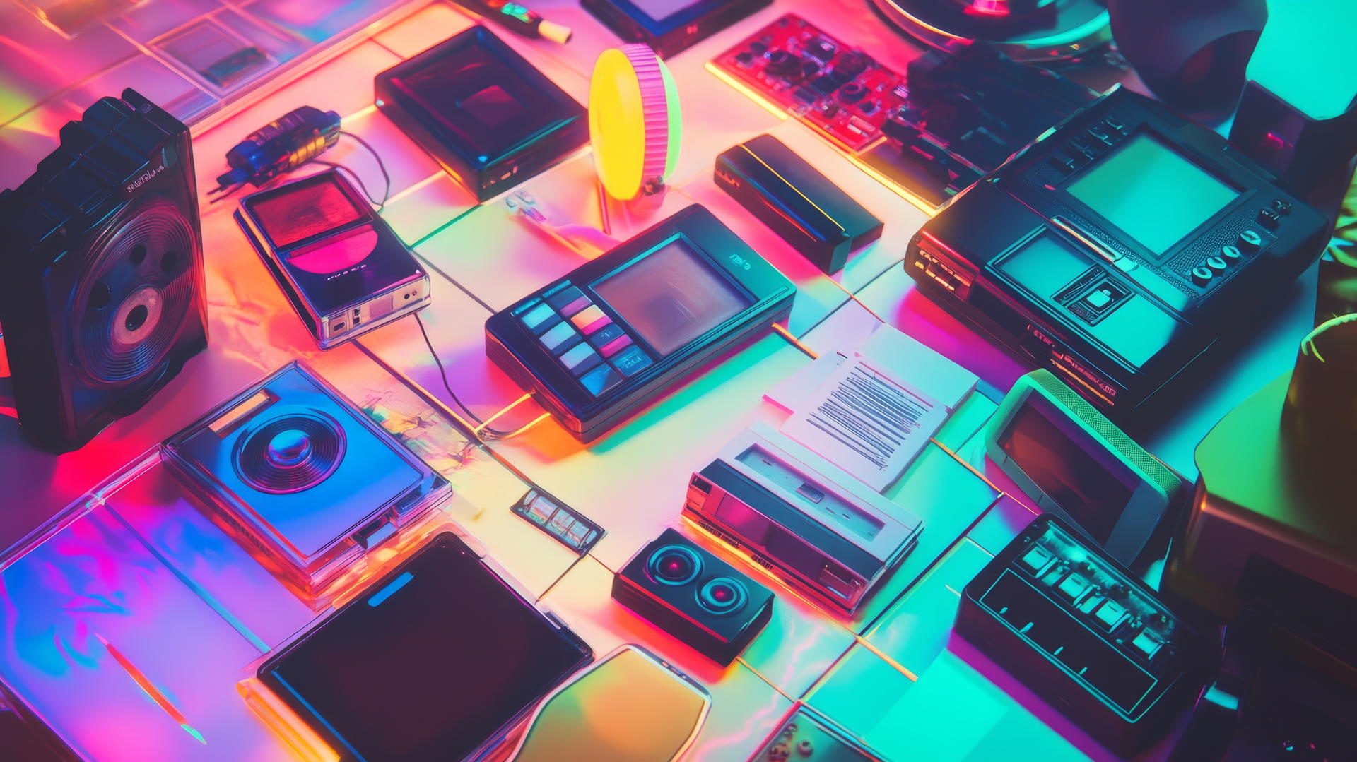 Y2K aesthetic wallpaper with flip phones, floppy disks, MP3 players on holographic gradient