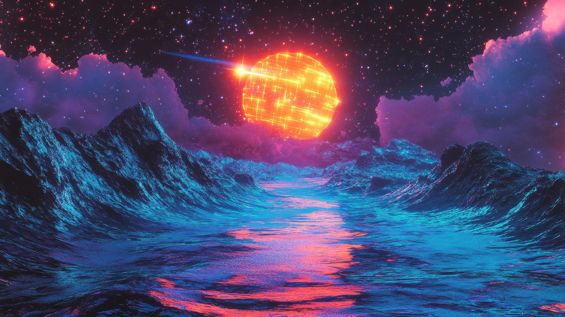 cyber Y2K star wallpaper with neon reflections and glitch effects