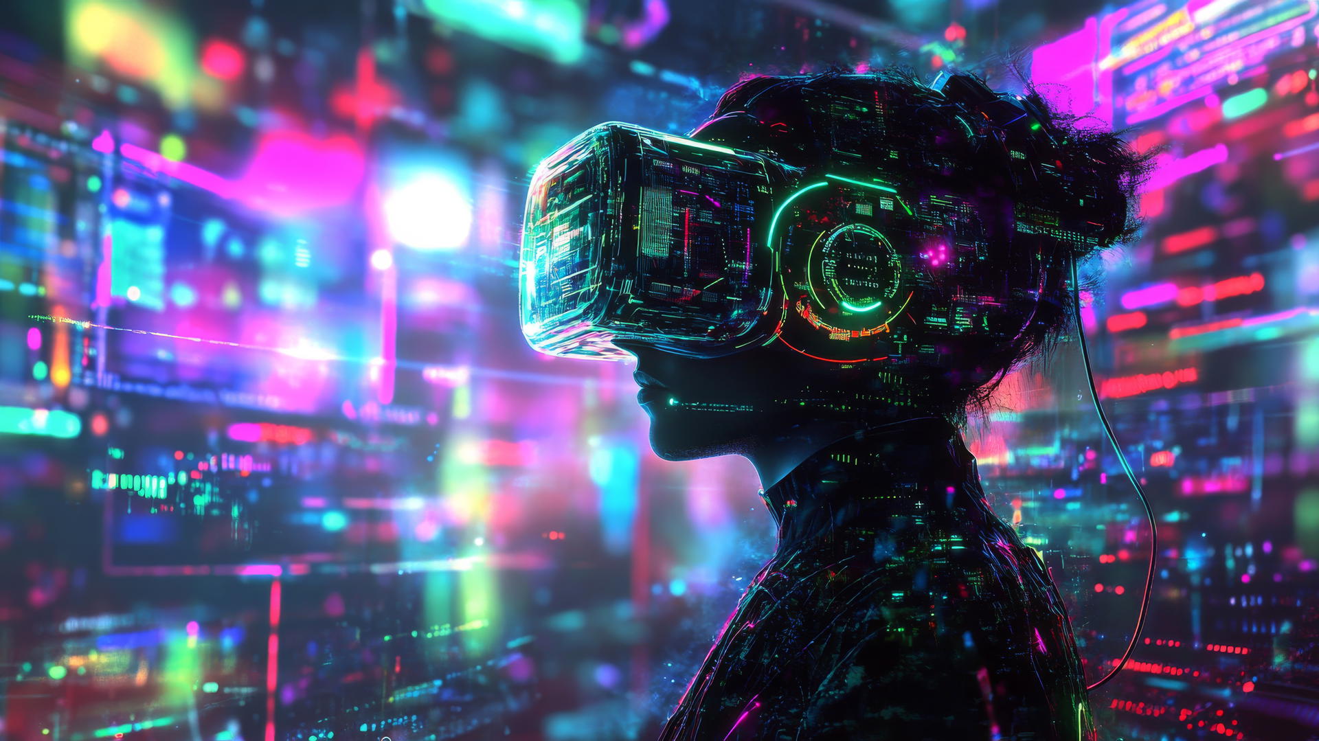 Y2K wallpaper with VR theme, person with VR headset, holographic screens, neon circuitry