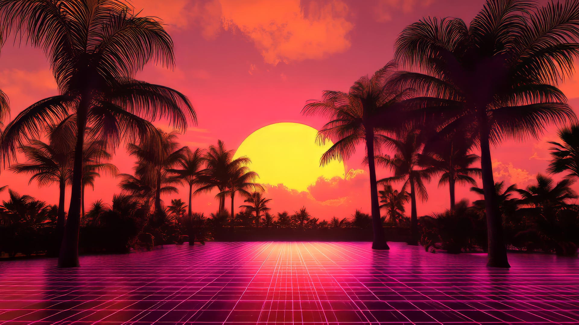 wallpaper y2k with digital sunset, neon pink and orange hues, retro palm trees, and holographic grid