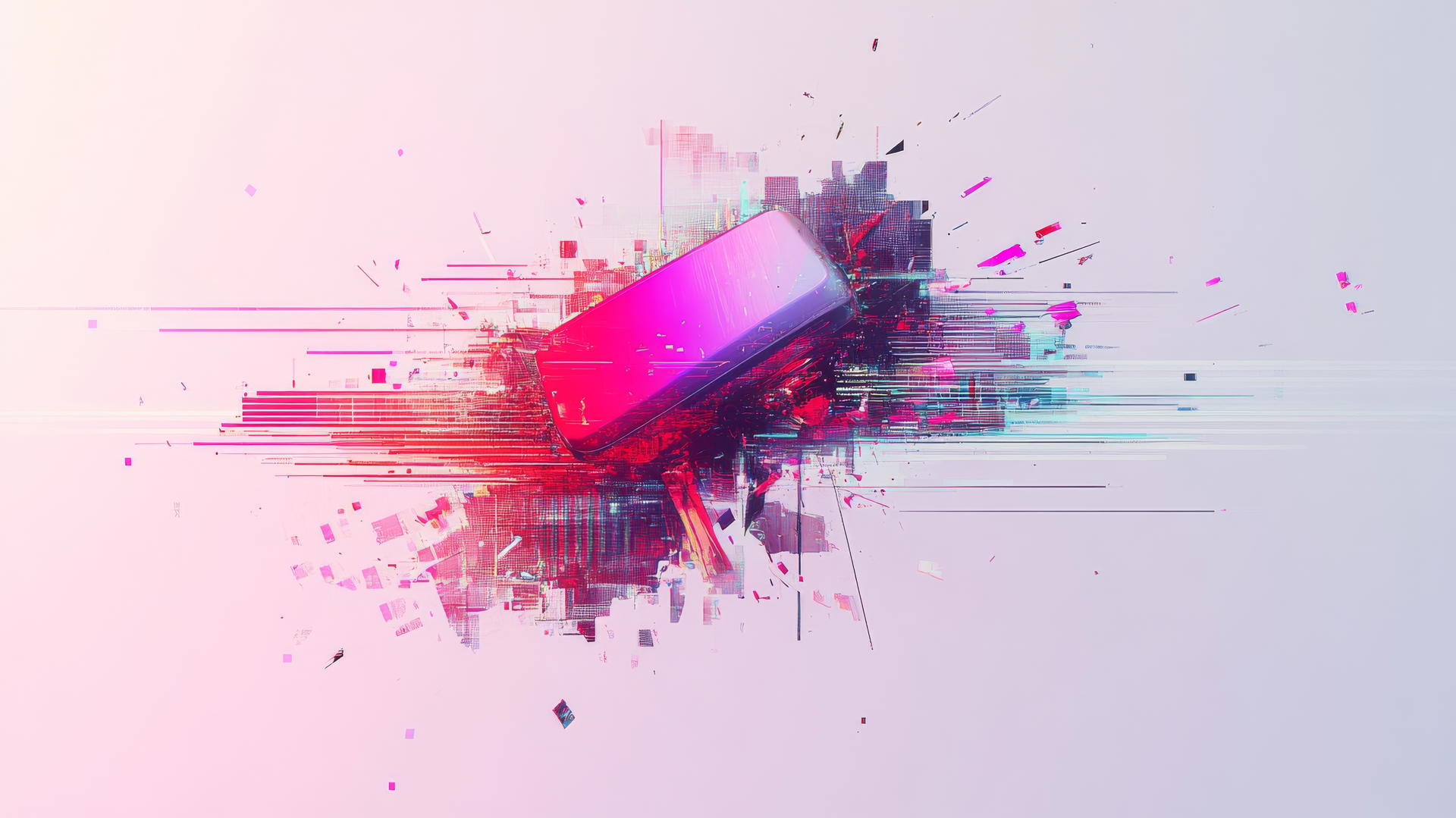 Y2K wallpaper with 3D abstract shape, glitchy pixelated effects.