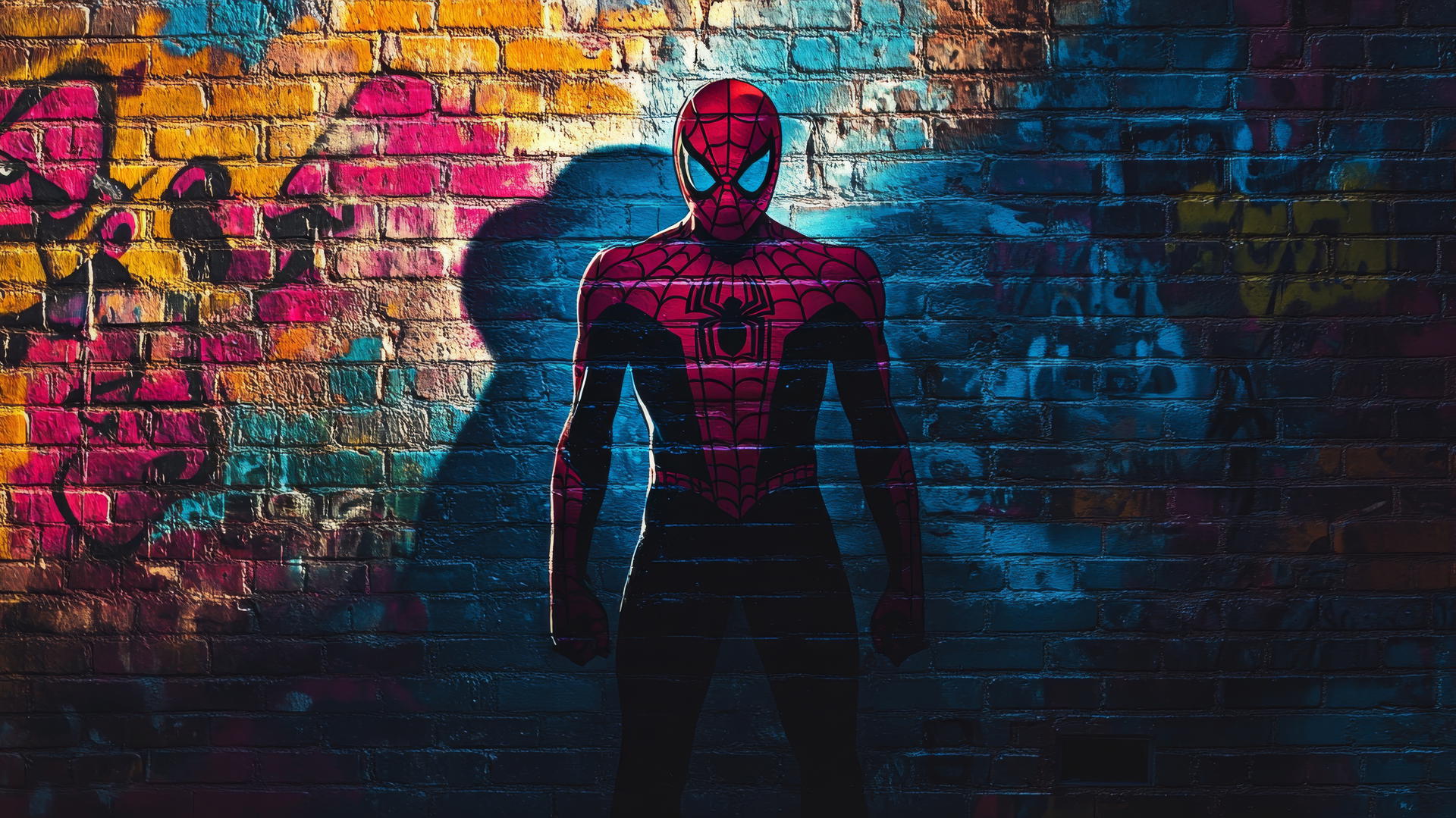 Wallpaper Spider-Man shadow cast on brick wall surrounded by graffiti art