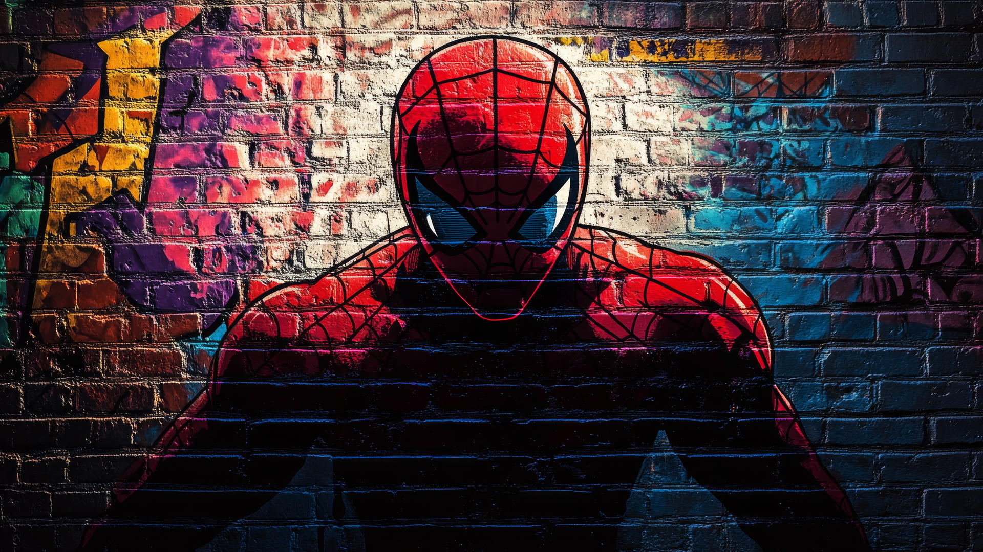 wallpaper spider man shadow on brick wall with graffiti art