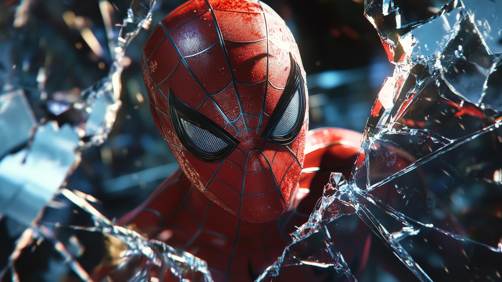 Wallpaper Spider-Man looking into shattered mirror with multiple reflections
