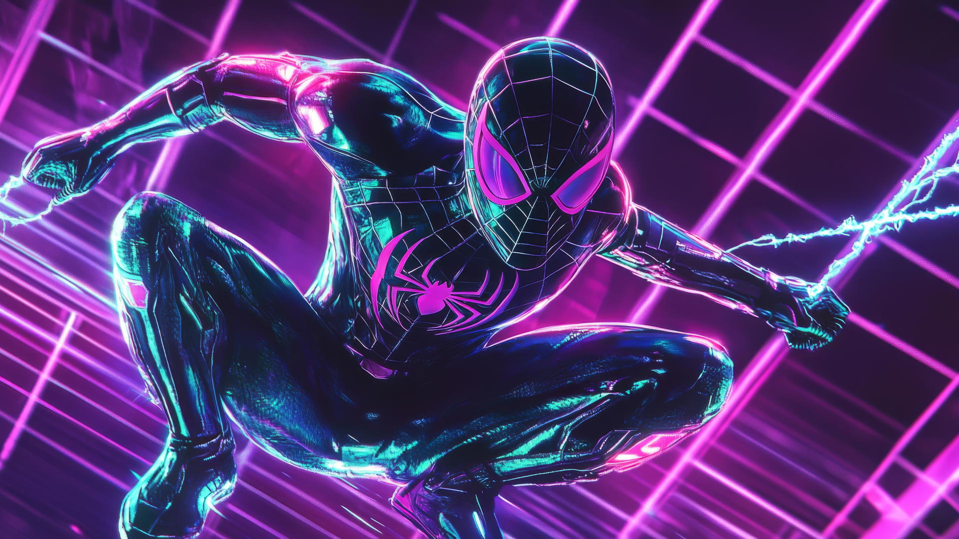 Spider Man wallpaper aesthetic in 1980s retro-futuristic style with neon grid and vibrant colors