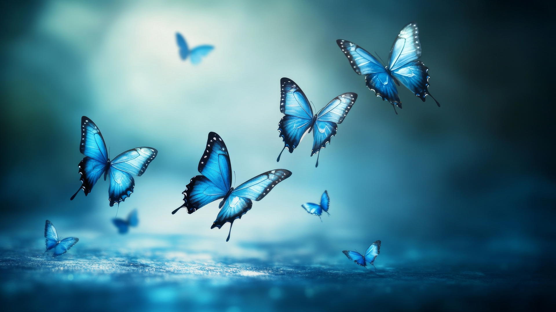 blue wallpaper aesthetic with ethereal butterflies glowing on a gradient blue background