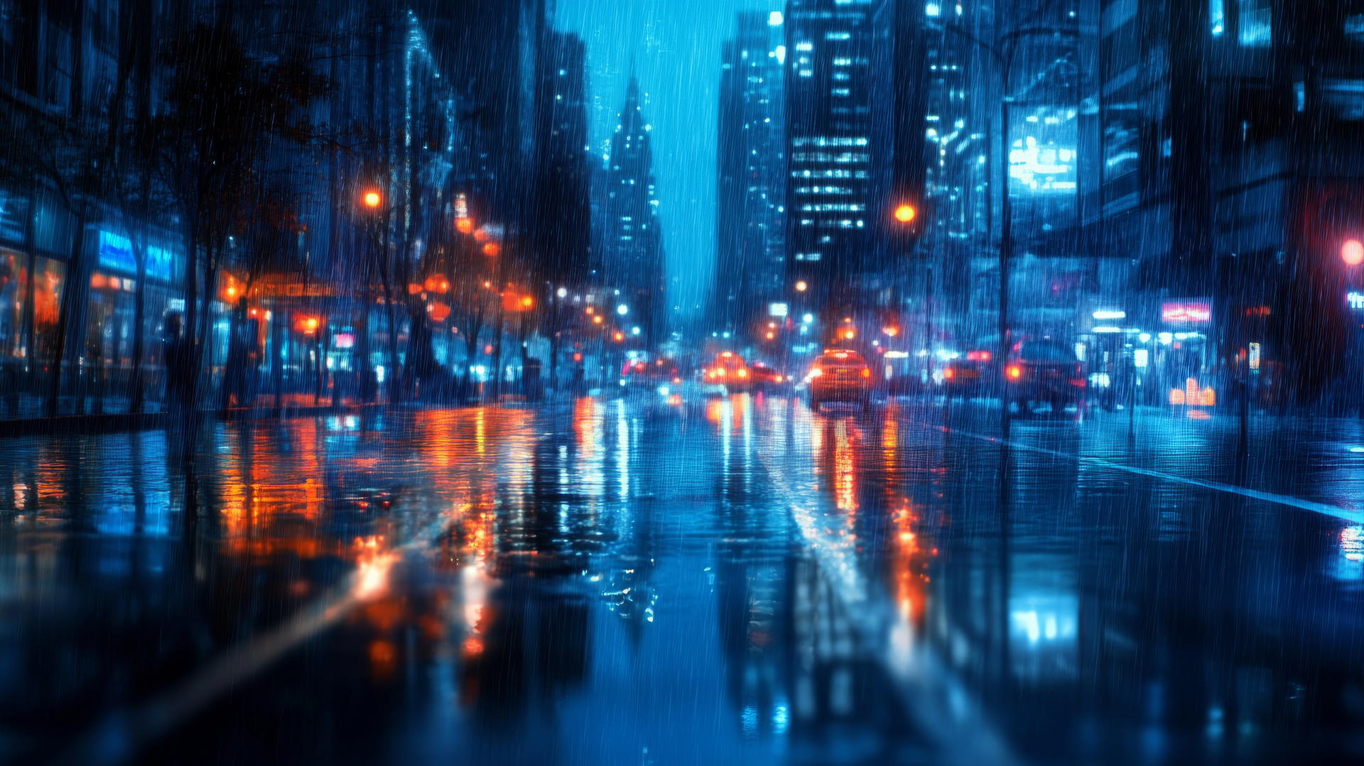Wallpaper blue of rainy city street with reflections on wet pavement