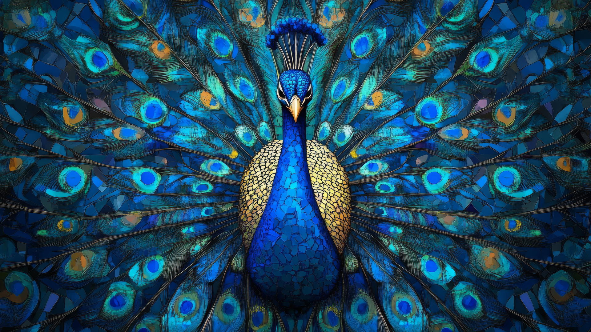 wallpaper blue peacock with vibrant feathers in varying shades of blue mosaic