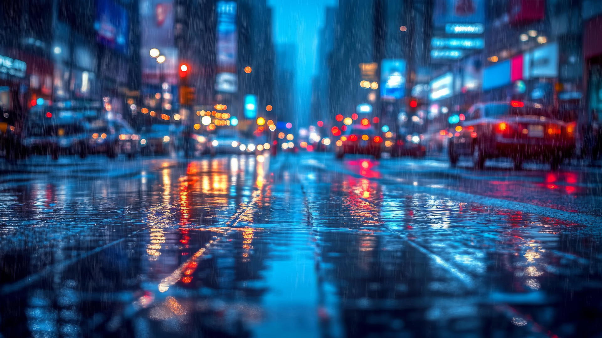 wallpaper blue, rainy city street with shimmering reflections