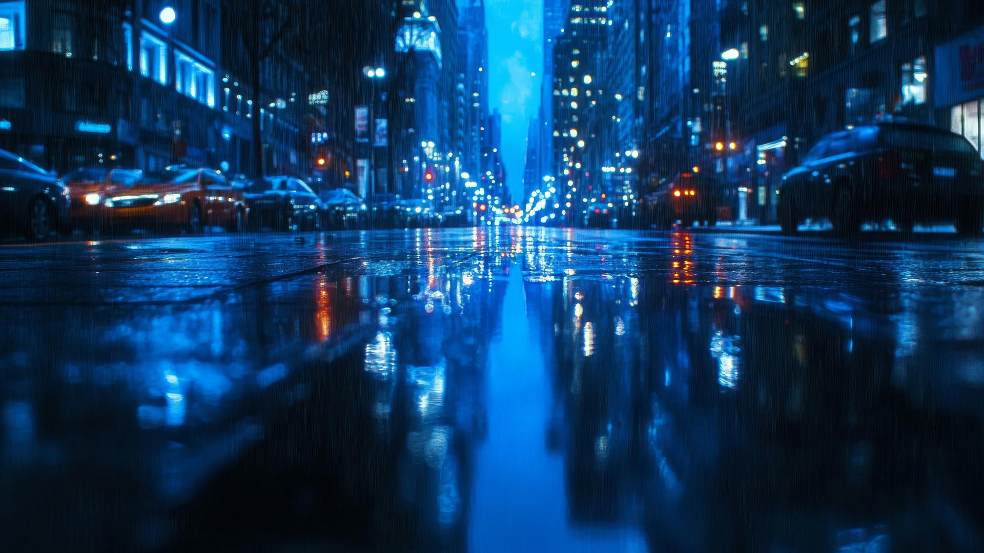 wallpaper blue, rainy city street with reflections