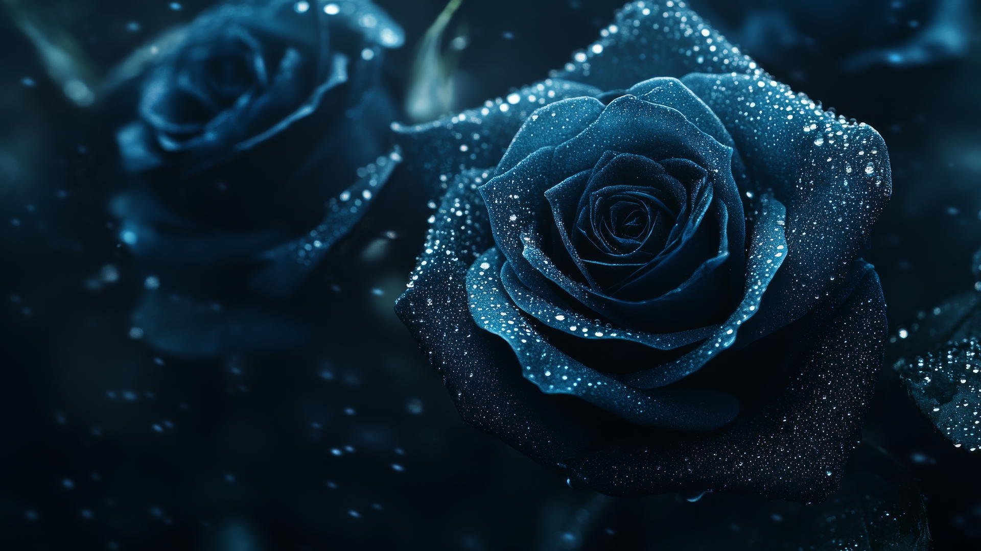 dark blue aesthetic wallpaper with gothic blue roses and dew drops